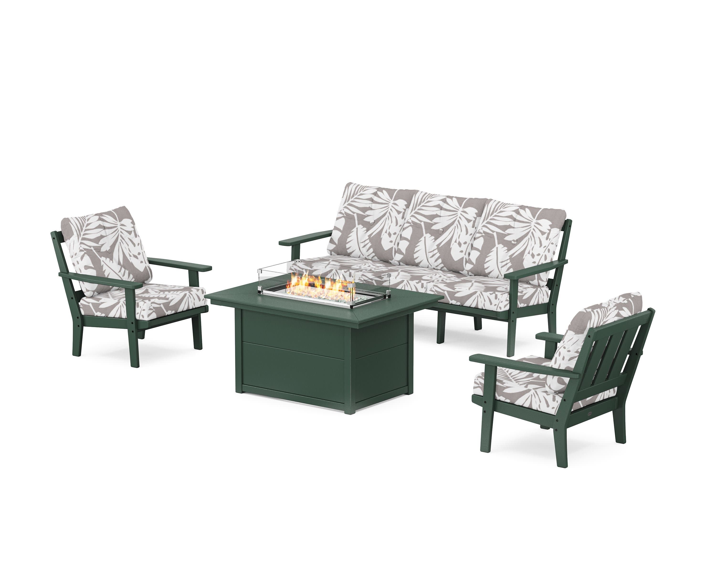 Oxford Deep Seating Fire Pit Table Set in Green / Leaf Grey Mist