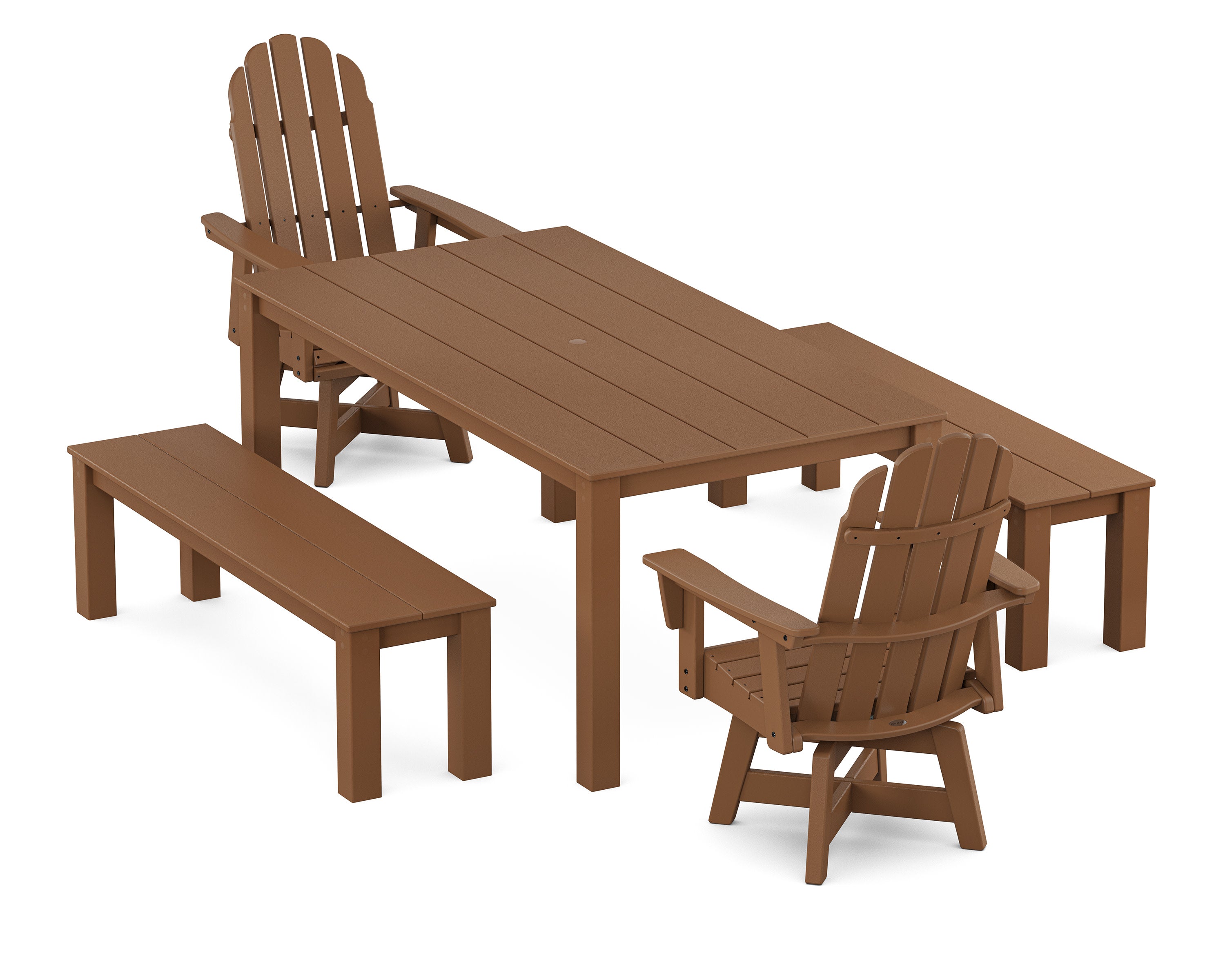 Vineyard Curveback Adirondack 5-Piece Parsons Swivel Dining Set with Benches in Teak