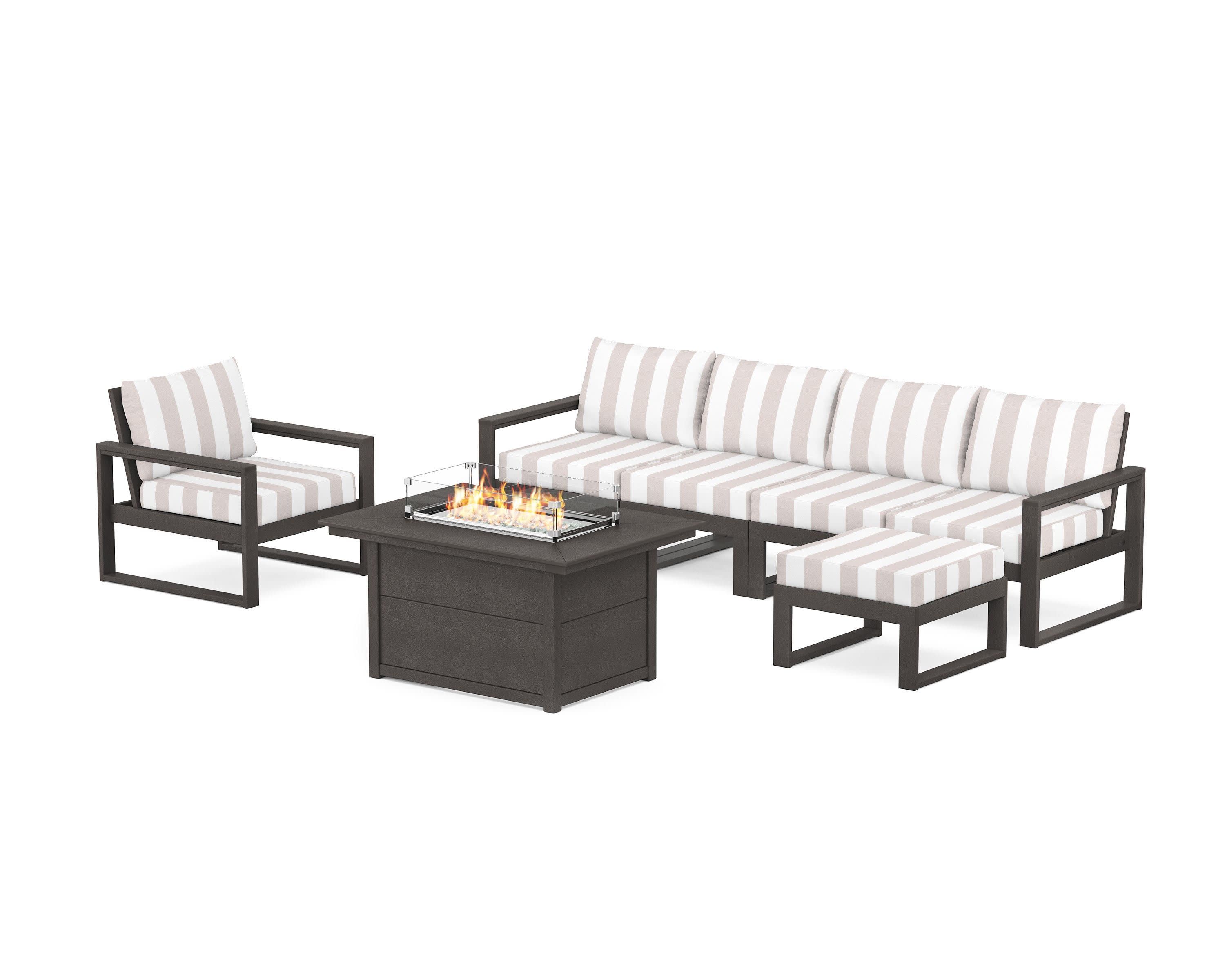 EDGE Sectional Lounge and Fire Pit Set in Vintage Coffee / Cabana Stripe Dune Burlap