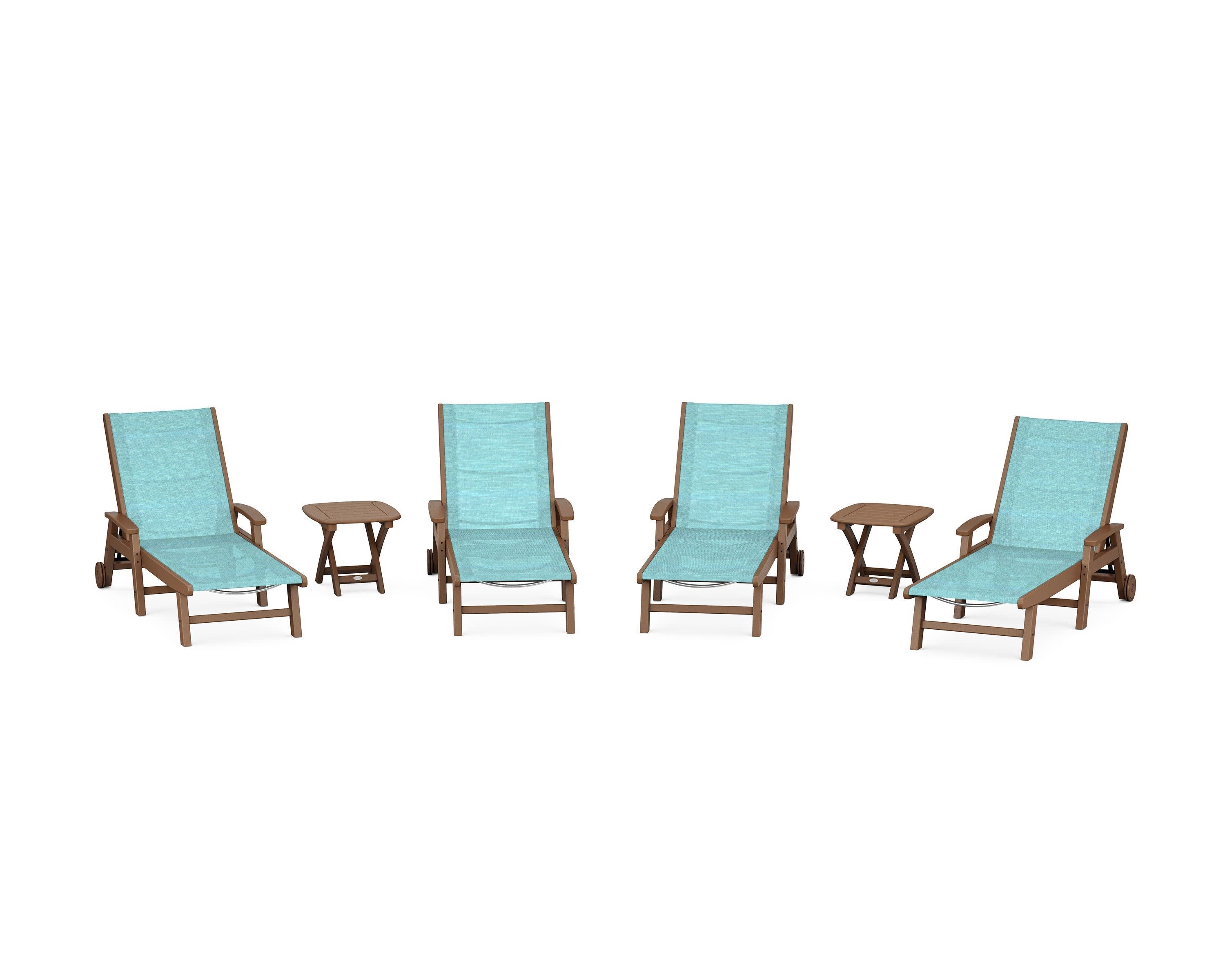 Coastal Chaise 6-Piece Set with Wheels in Teak / Dupioni Aquamarine Sling