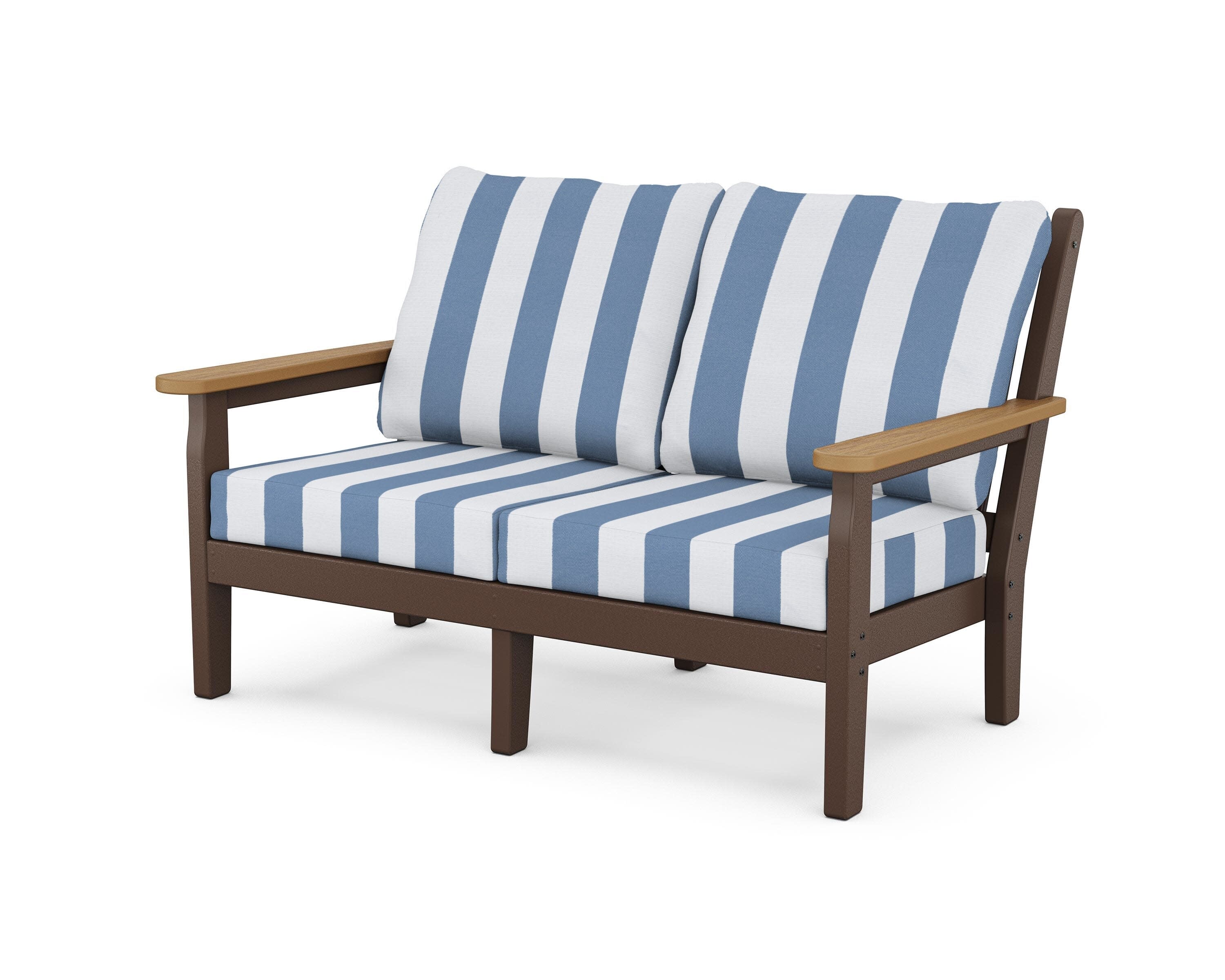 Chippendale Deep Seating Loveseat in Mahogany / Natural / Cabana Stripe Sky Blue