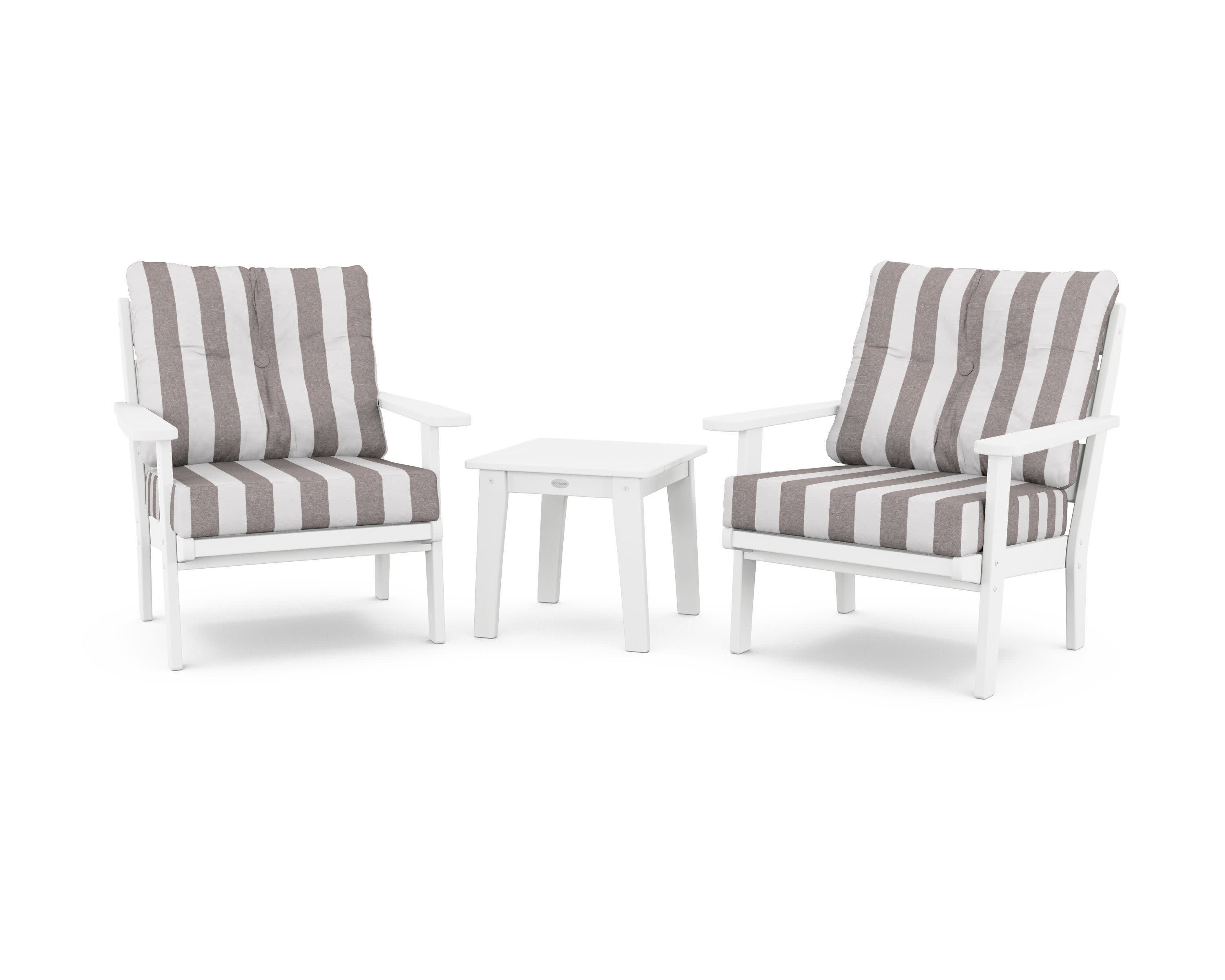 Lakeside 3-Piece Deep Seating Chair Set in White / Cabana Stripe Grey Mist