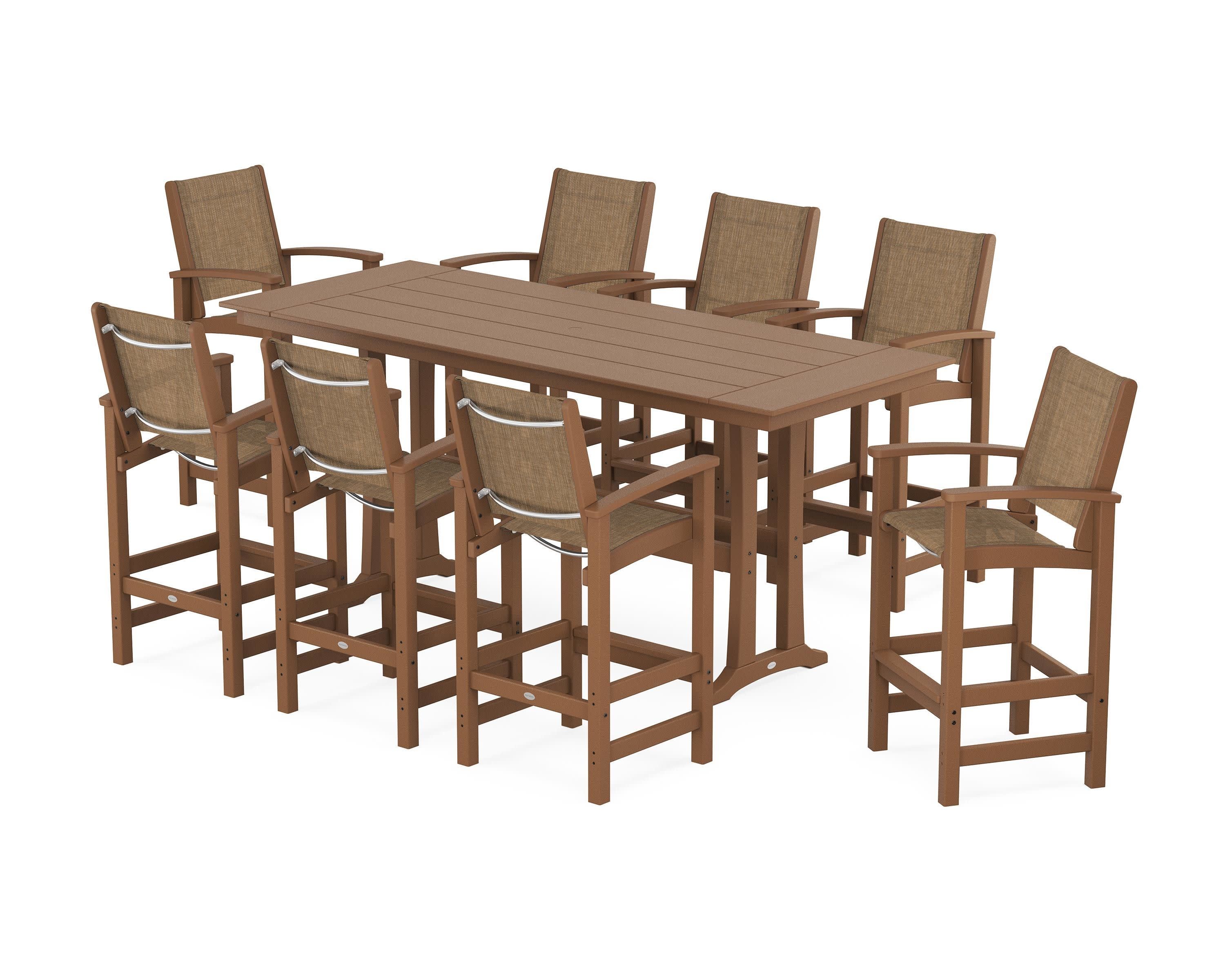 Coastal 9-Piece Farmhouse Bar Set with Trestle Legs in Teak / Burlap Sling