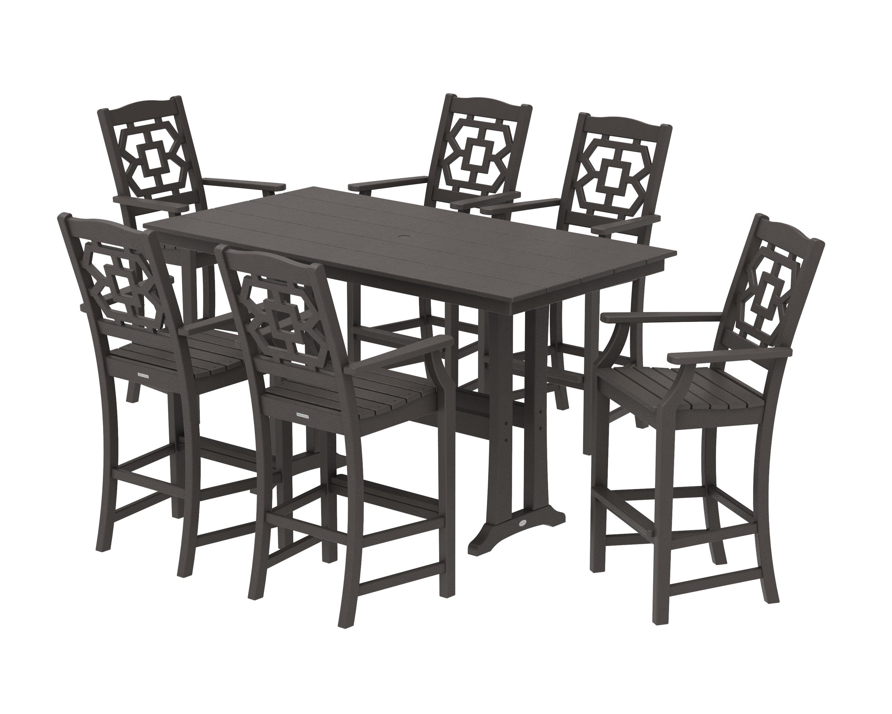 Chinoiserie Arm Chair 7-Piece Farmhouse Bar Set with Trestle Legs in Vintage Coffee