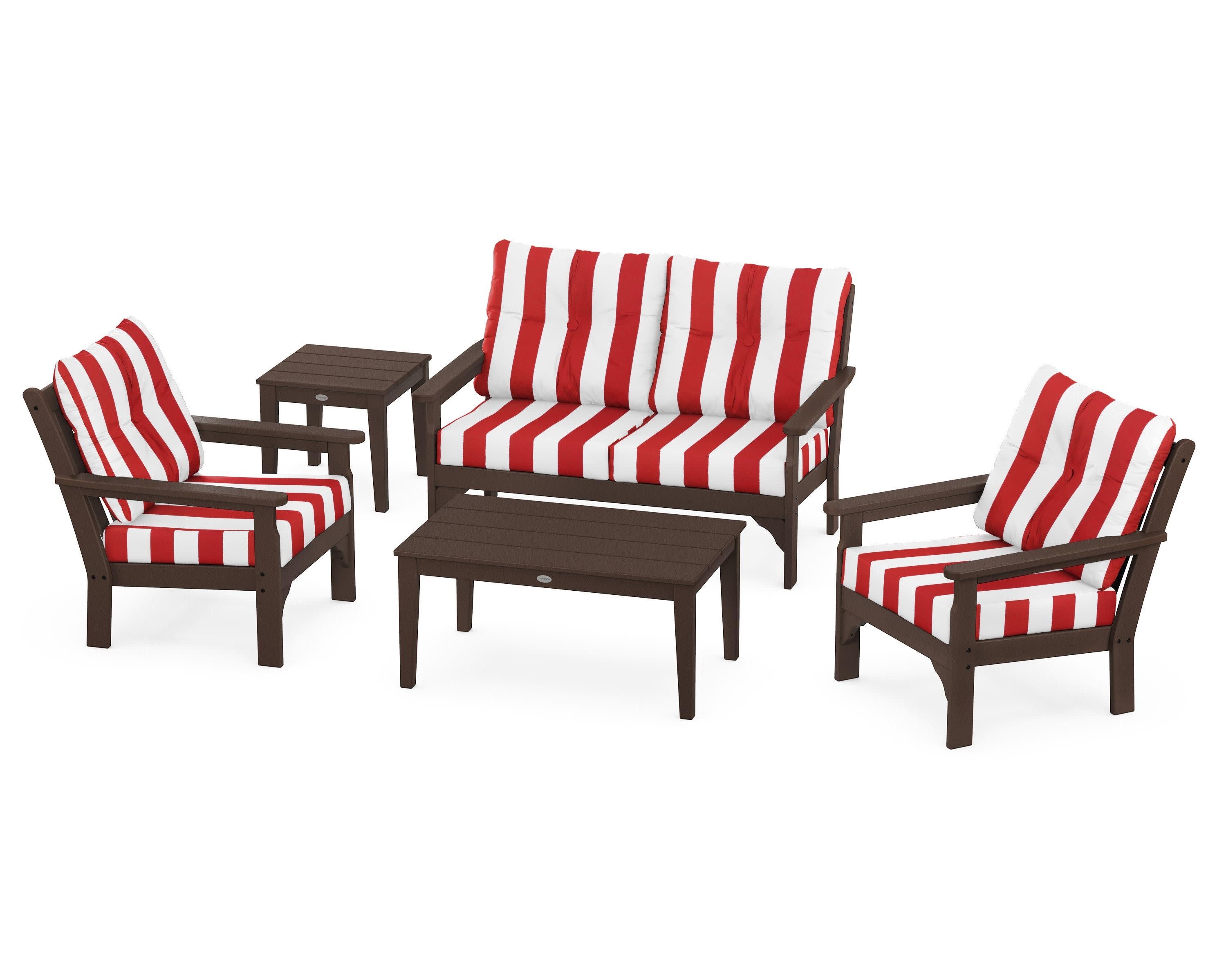 Vineyard 5-Piece Deep Seating Set in Mahogany / Cabana Stripe Crimson