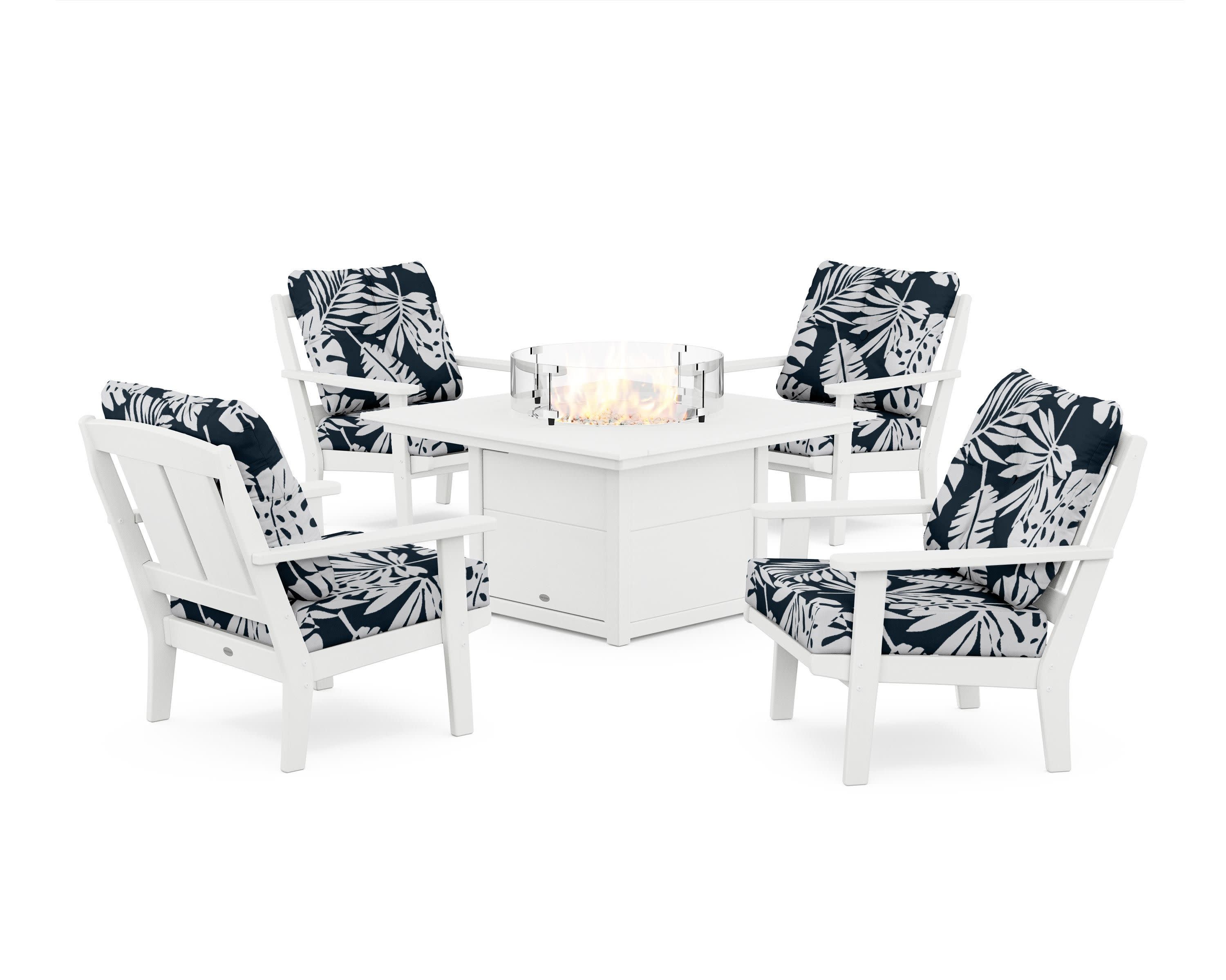 Mission 5-Piece Deep Seating Set with Fire Pit Table in White / Leaf Marine Indigo