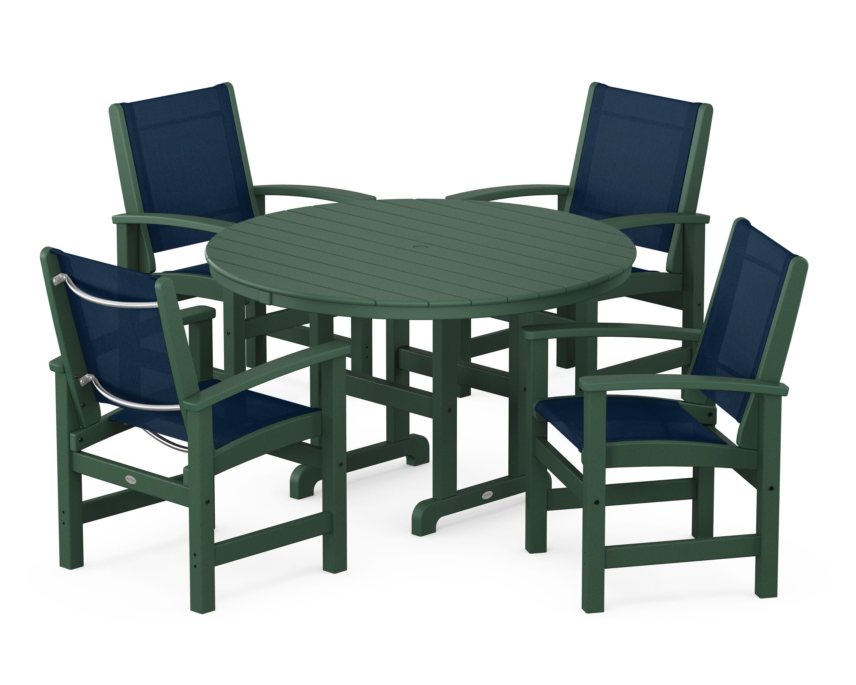 Coastal 5-Piece Round Farmhouse Dining Set in Green / Navy Blue Sling