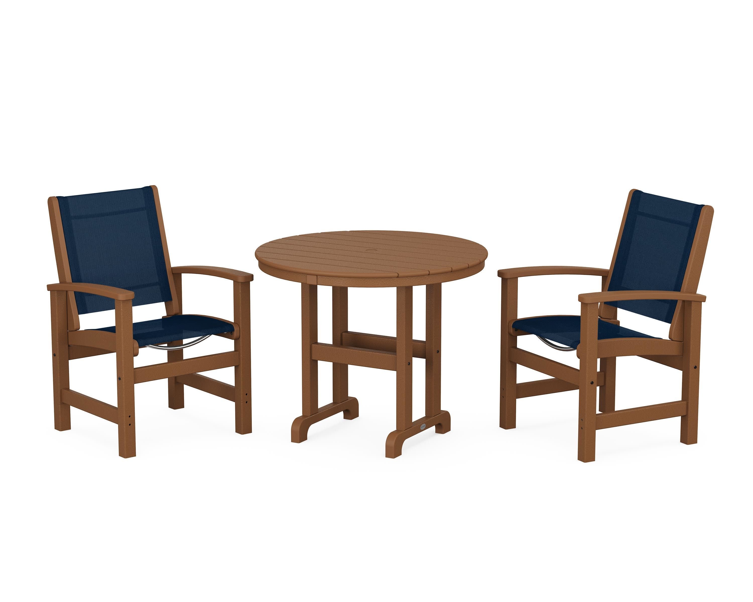 Coastal 3-Piece Round Dining Set in Teak / Navy Blue Sling