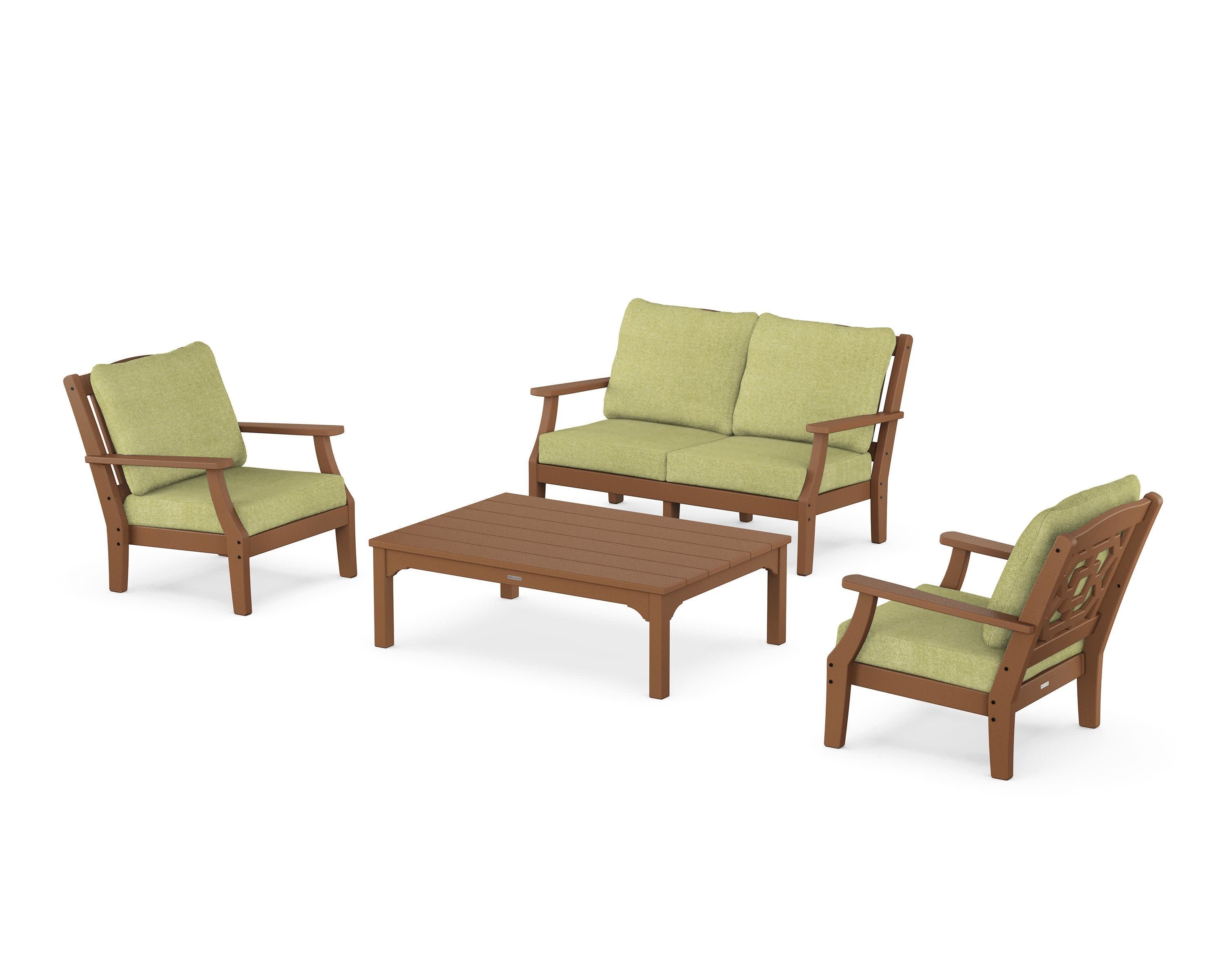 Chinoiserie 4-Piece Deep Seating Set with Loveseat in Teak / Chartreuse Boucle
