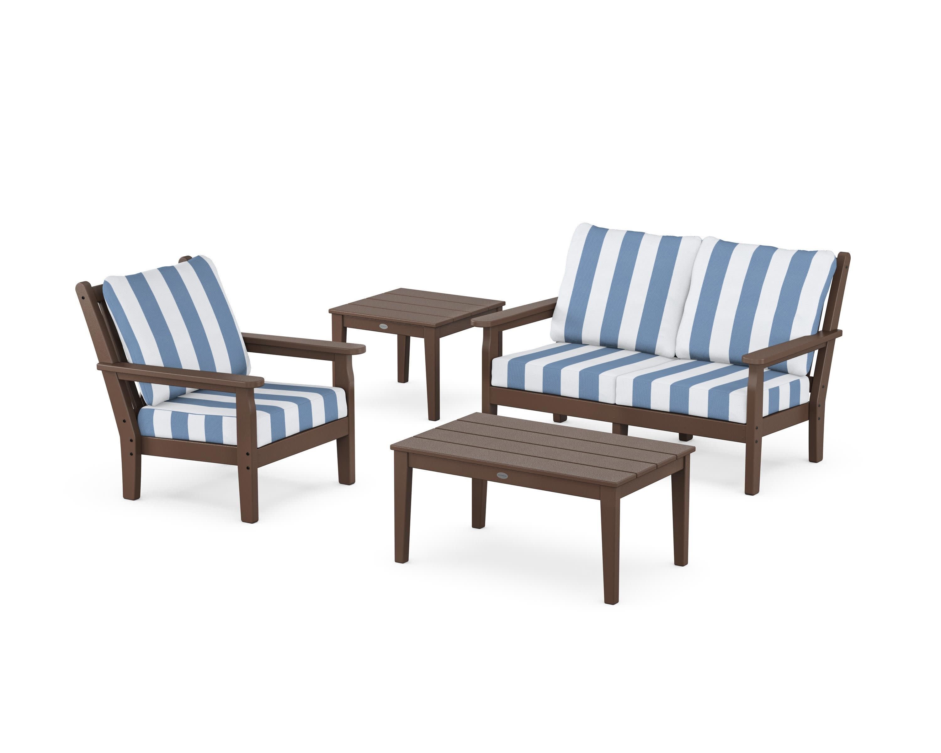 Chippendale 4-Piece Deep Seating Set in Mahogany / Cabana Stripe Sky Blue