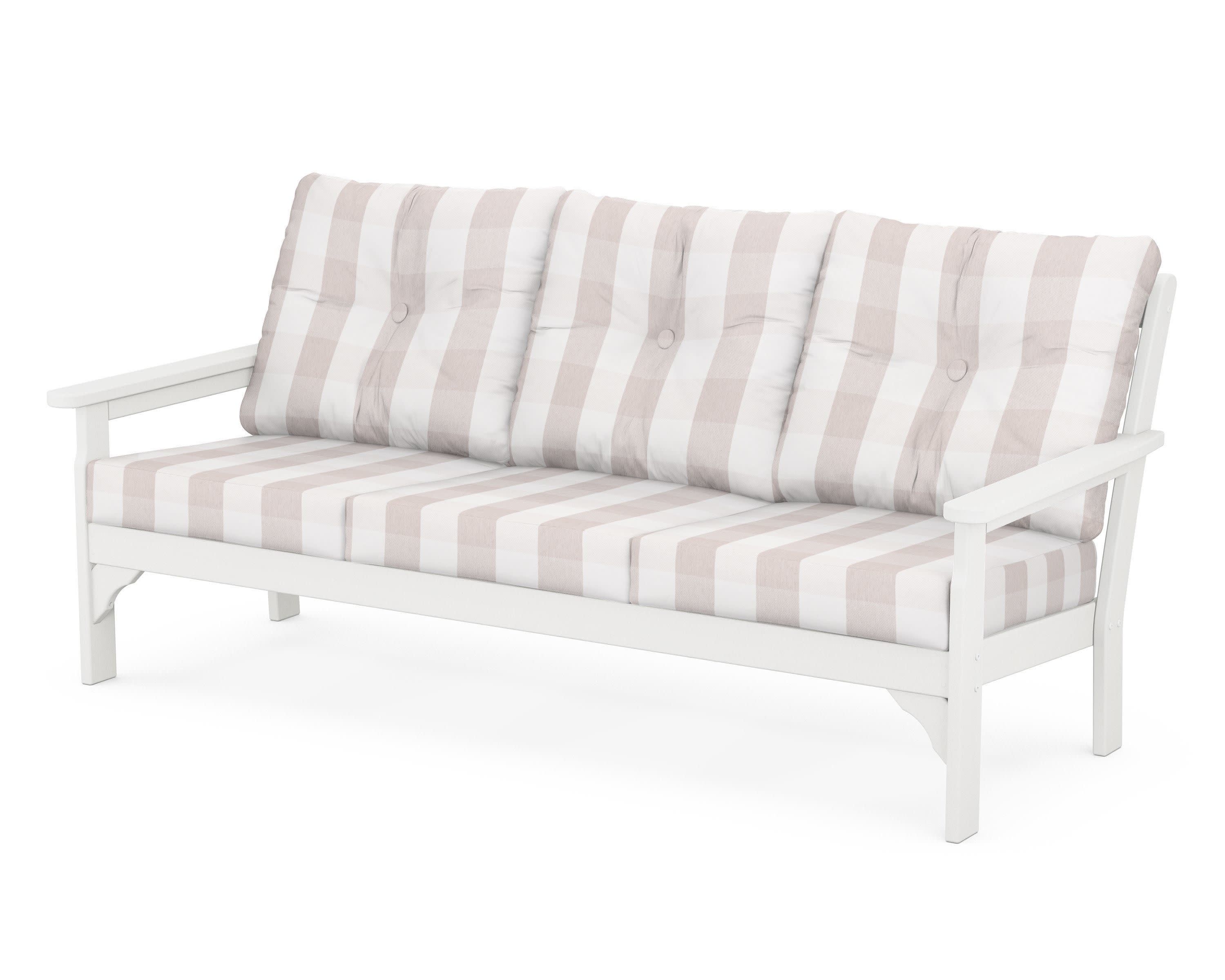 Vineyard Deep Seating Sofa in White / Buffalo Plaid Dune Burlap
