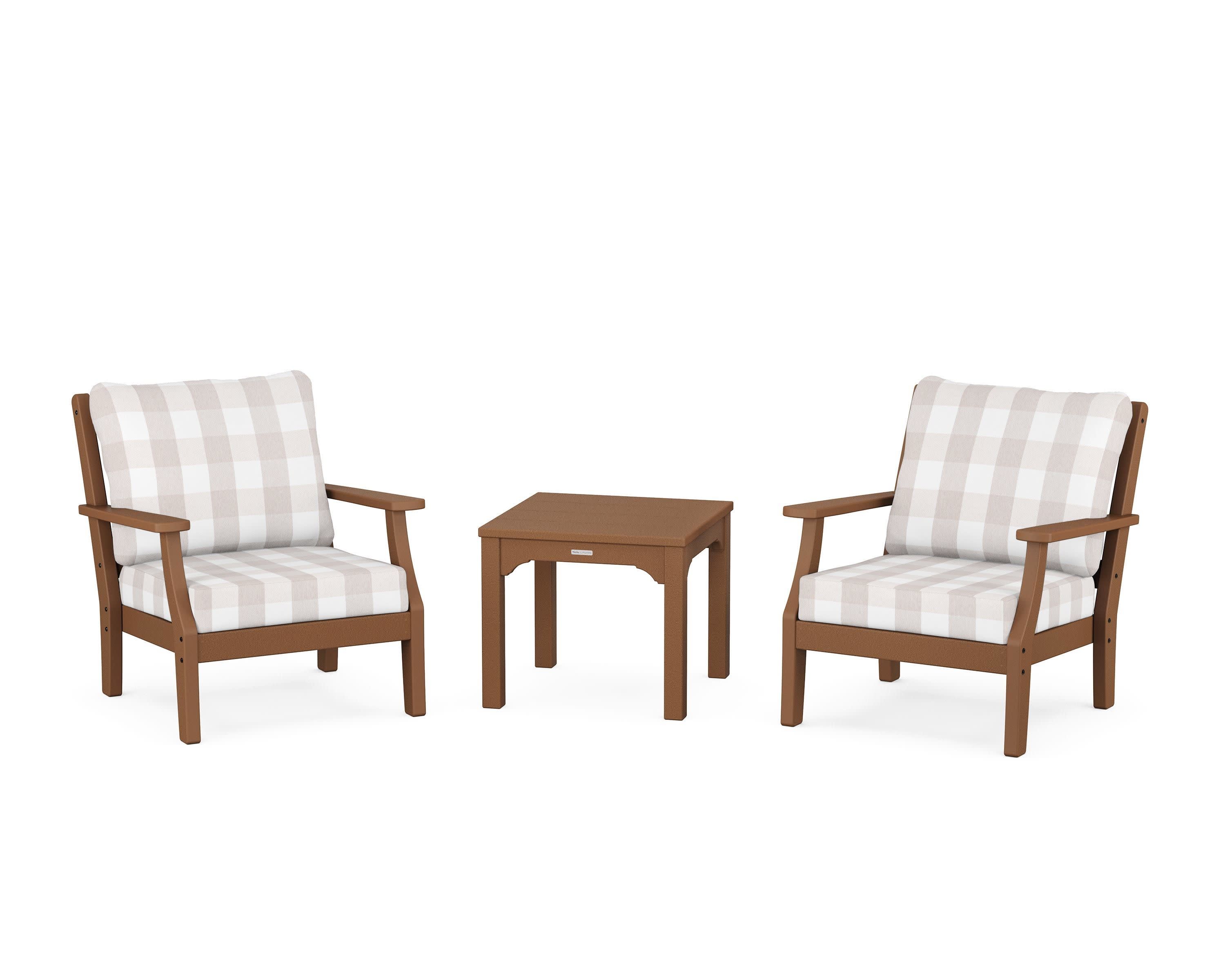 Chinoiserie 3-Piece Deep Seating Set in Teak / Buffalo Plaid Dune Burlap