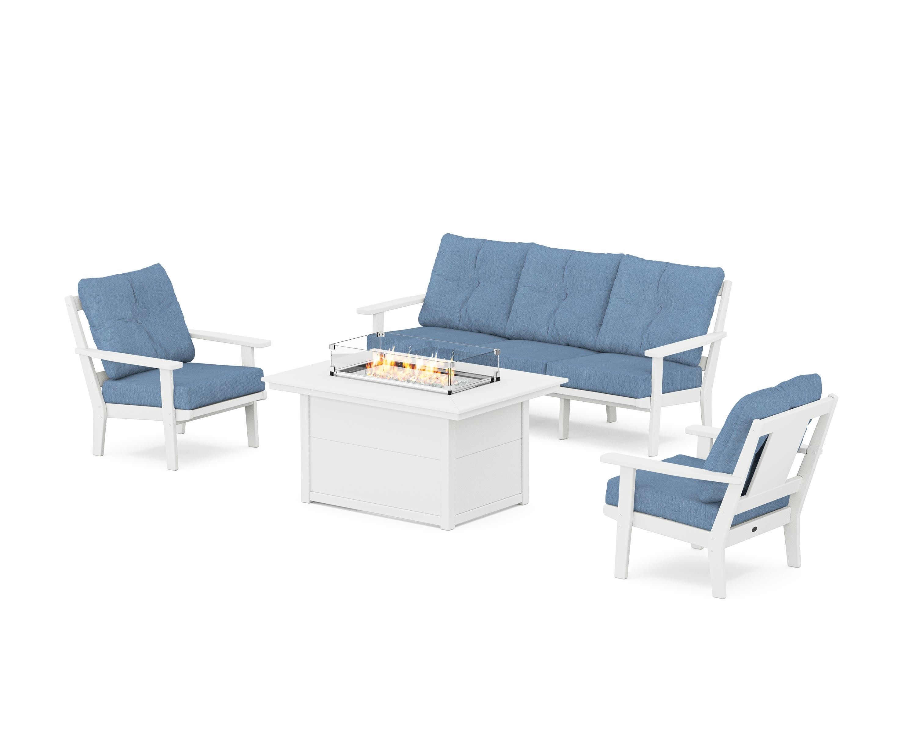 Prairie Deep Seating Fire Pit Table Set in White / Sky Blue