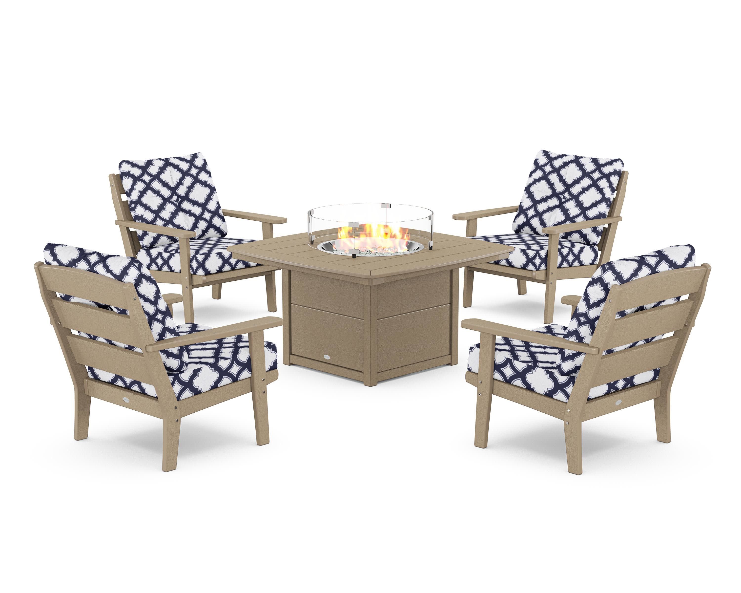 Lakeside 5-Piece Deep Seating Set with Nautical Fire Pit Table in Vintage Sahara / Trellis Navy