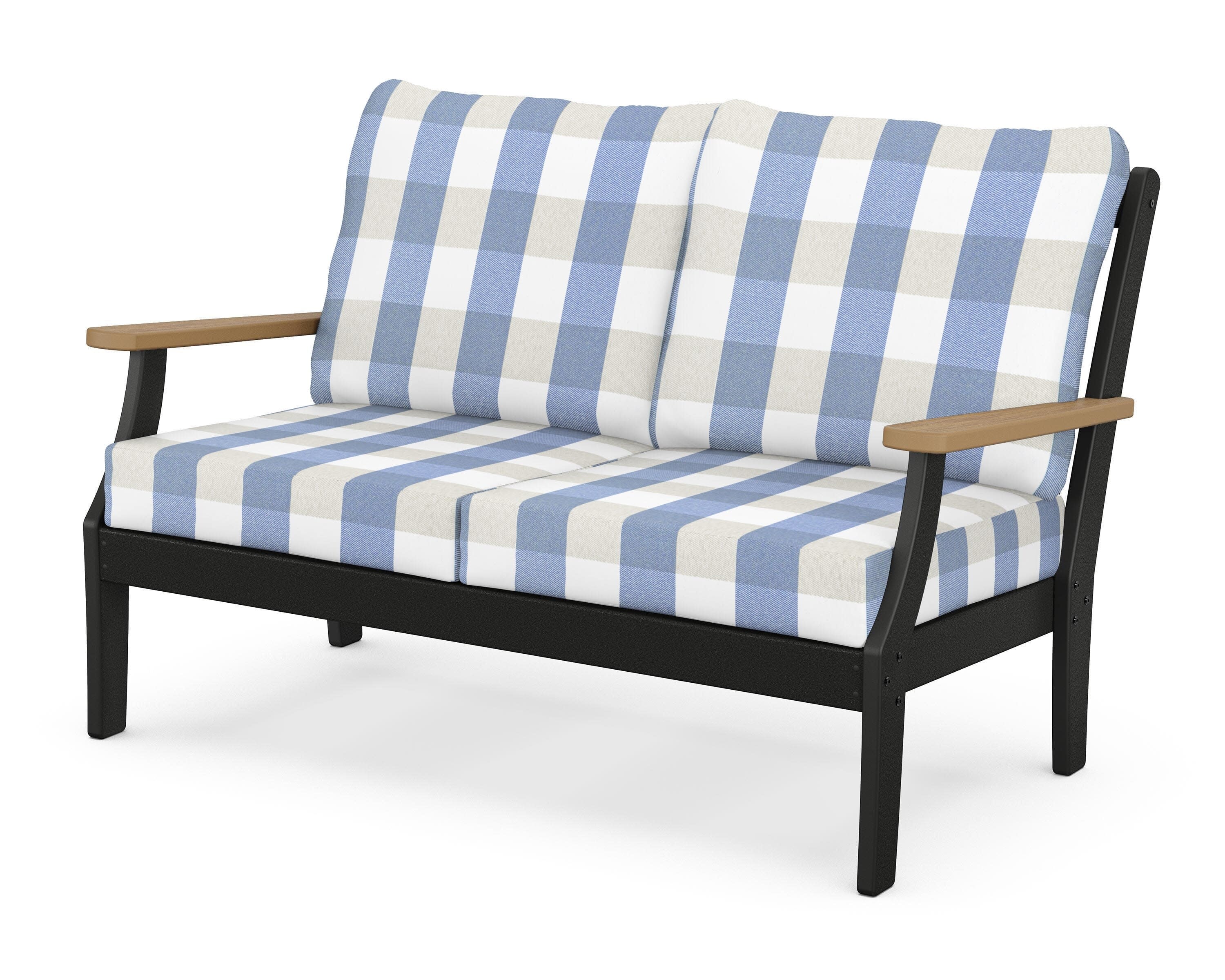 Braxton Deep Seating Loveseat in Black / Natural / Buffalo Plaid Sky Blue