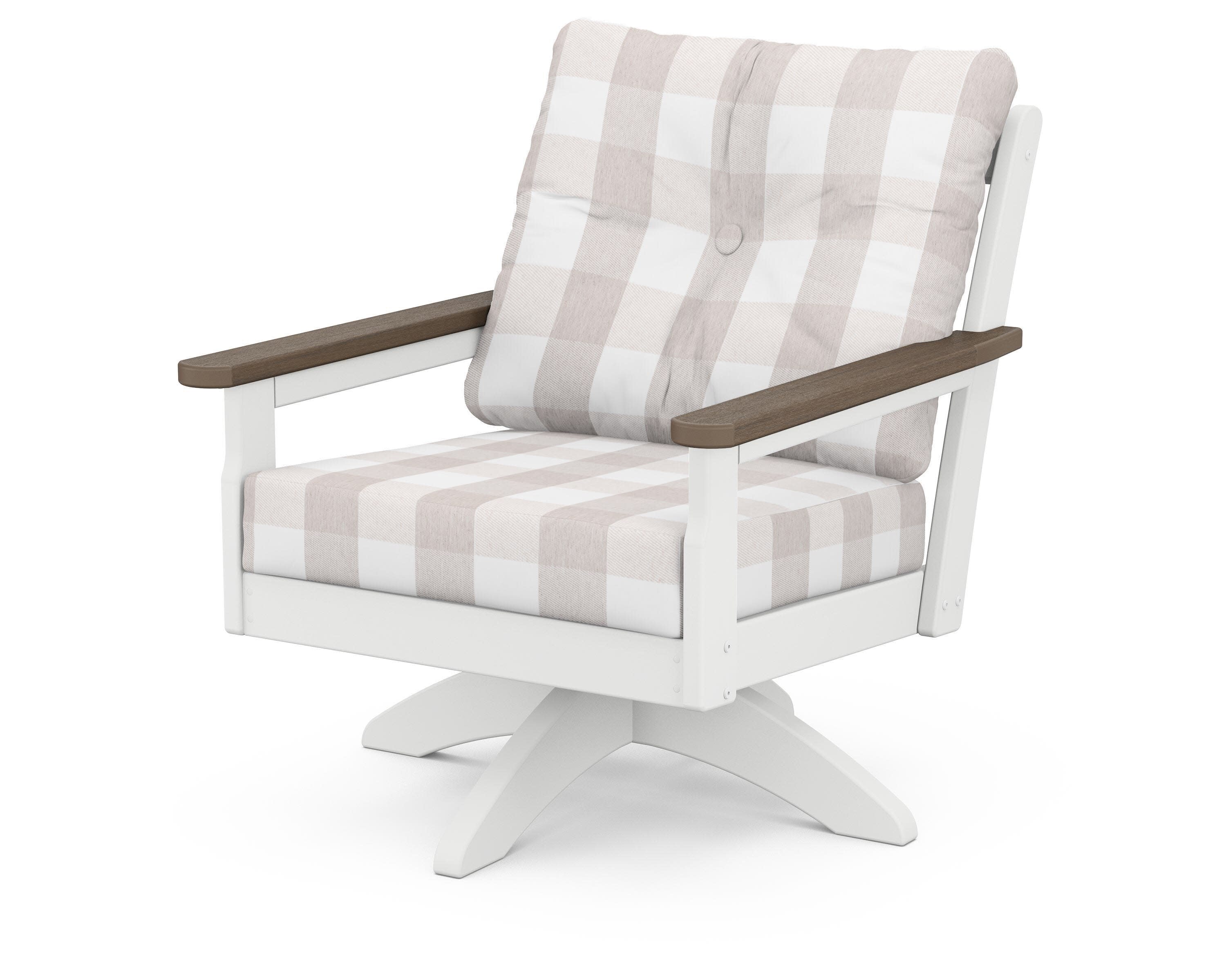 Vineyard Deep Seating Swivel Chair in White / Kona / Buffalo Plaid Dune Burlap