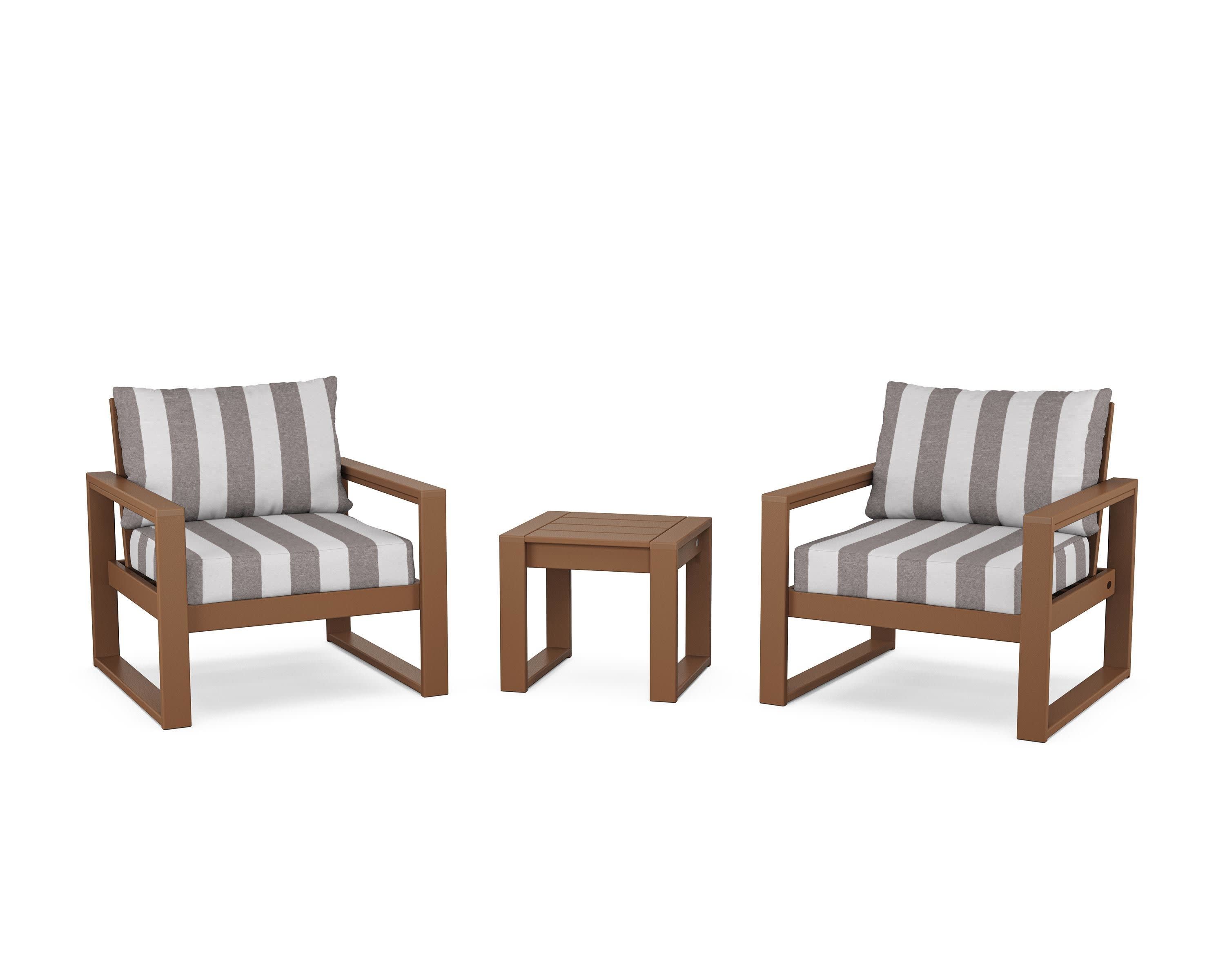 EDGE Sectional 3-Piece Deep Seating Set in Teak / Cabana Stripe Grey Mist