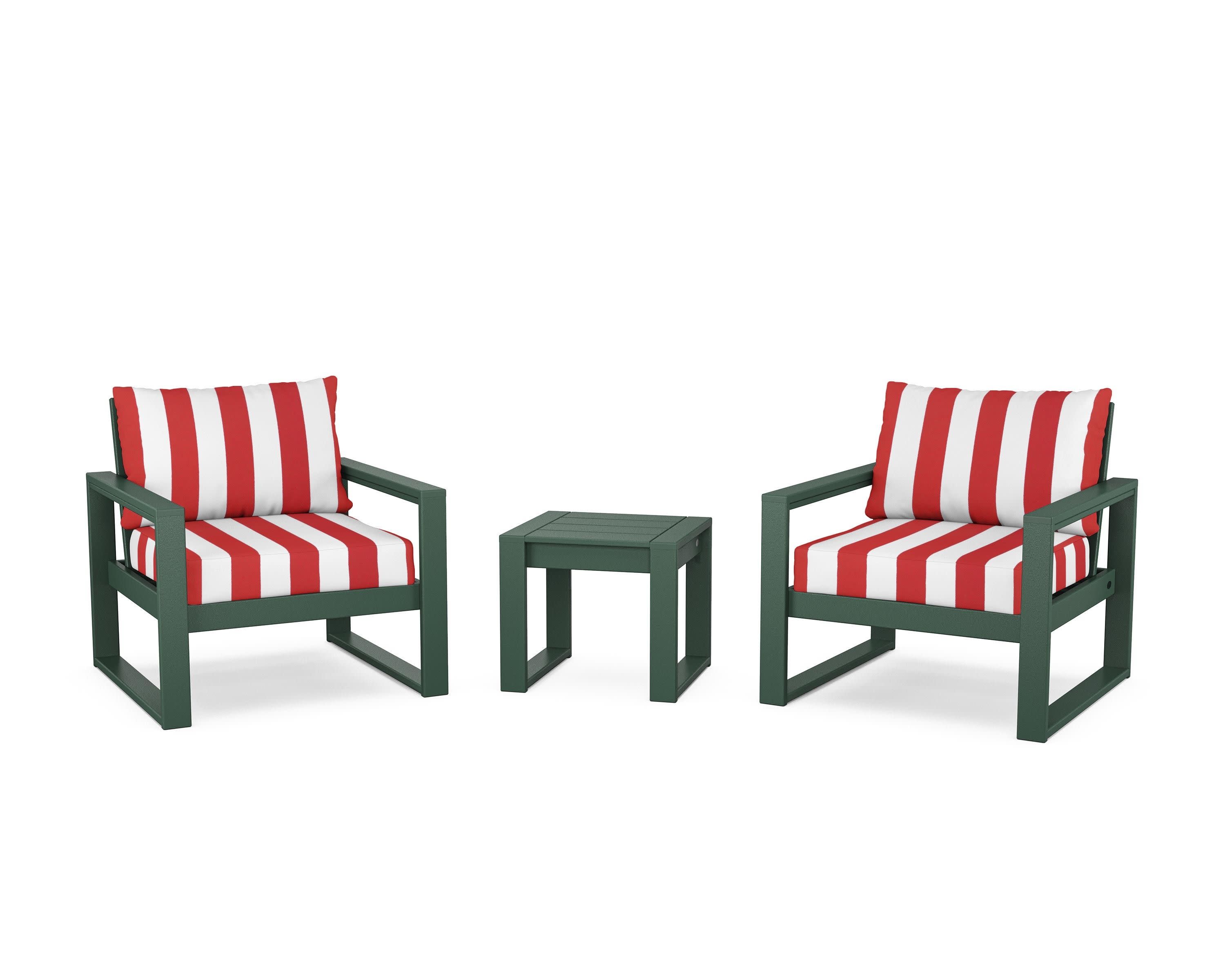 EDGE Sectional 3-Piece Deep Seating Set in Green / Cabana Stripe Crimson