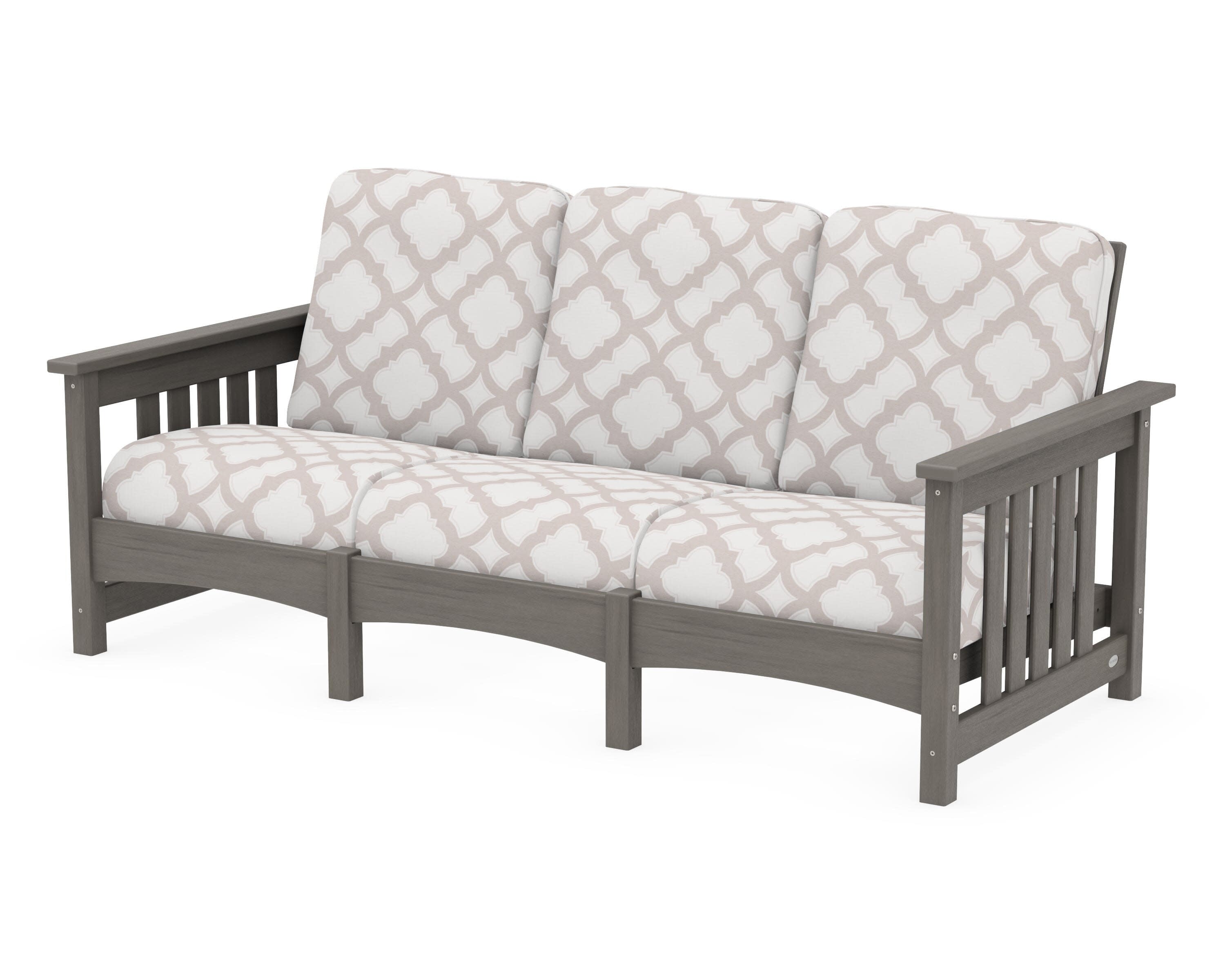 Club Mission Sofa in Driftwood / Trellis Dune Burlap