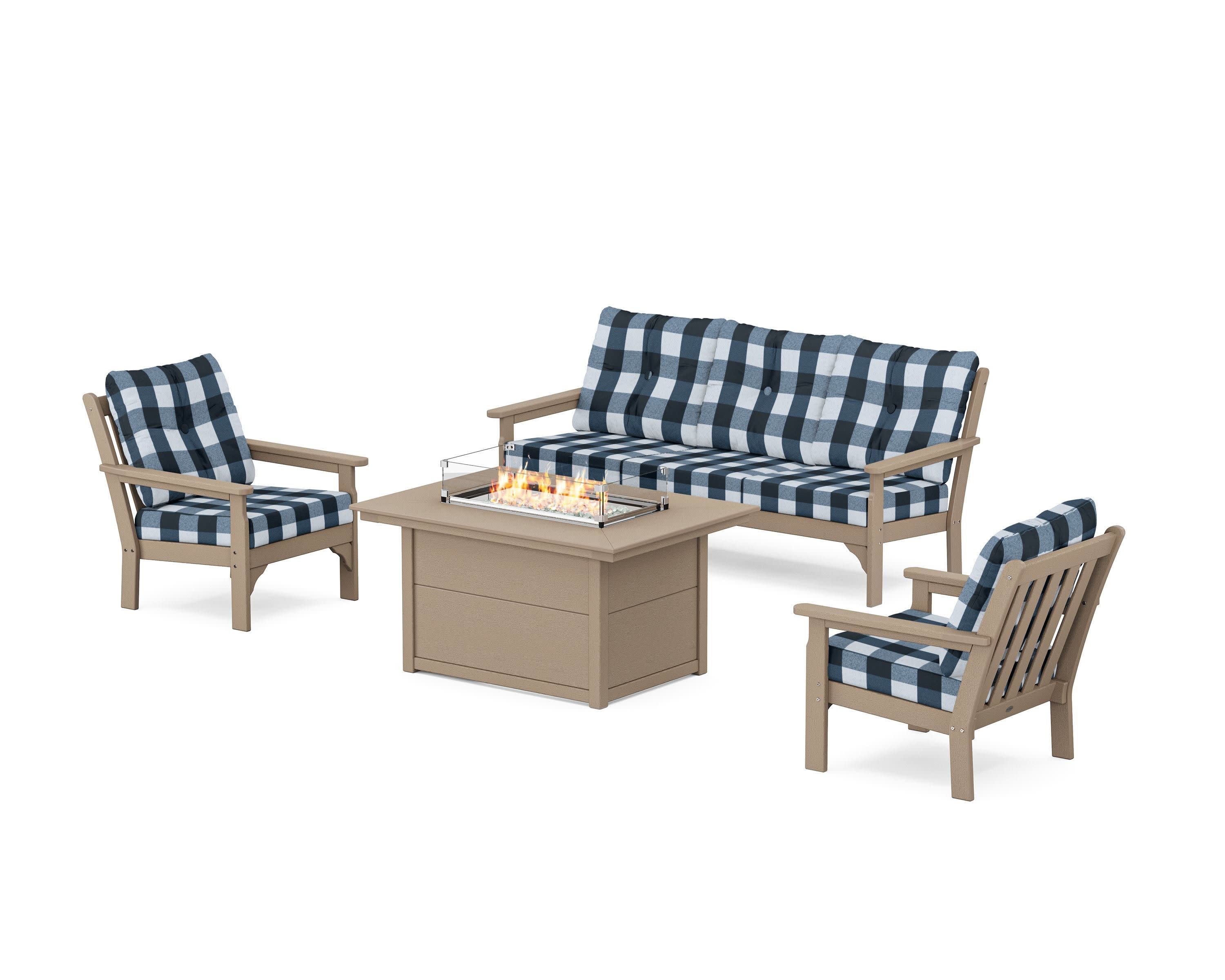 Vineyard Deep Seating Fire Pit Table Set in Vintage Sahara / Buffalo Plaid Marine Indigo
