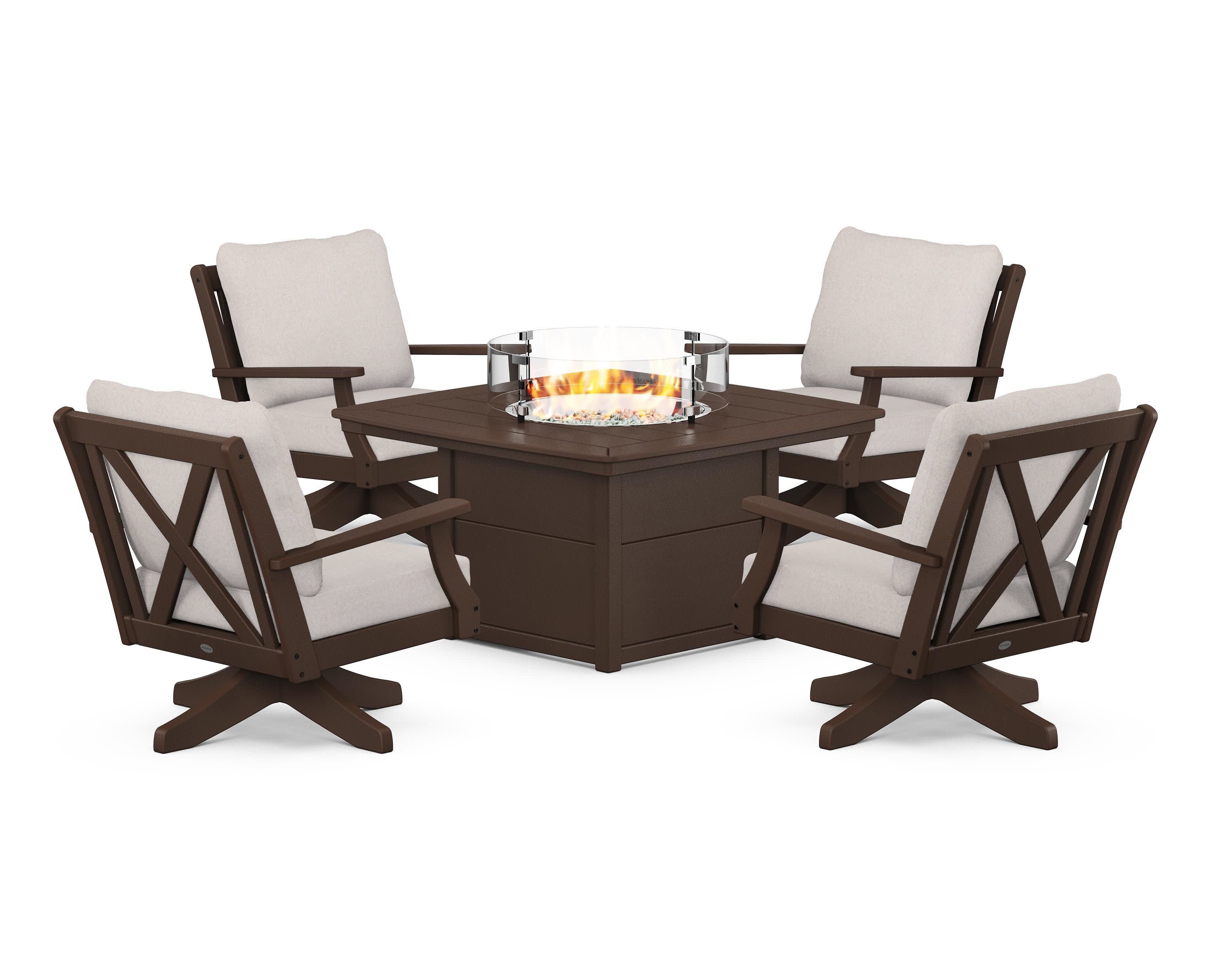 Braxton 5-Piece Deep Seating Swivel Conversation Set with Fire Pit Table in Mahogany / Dune Burlap