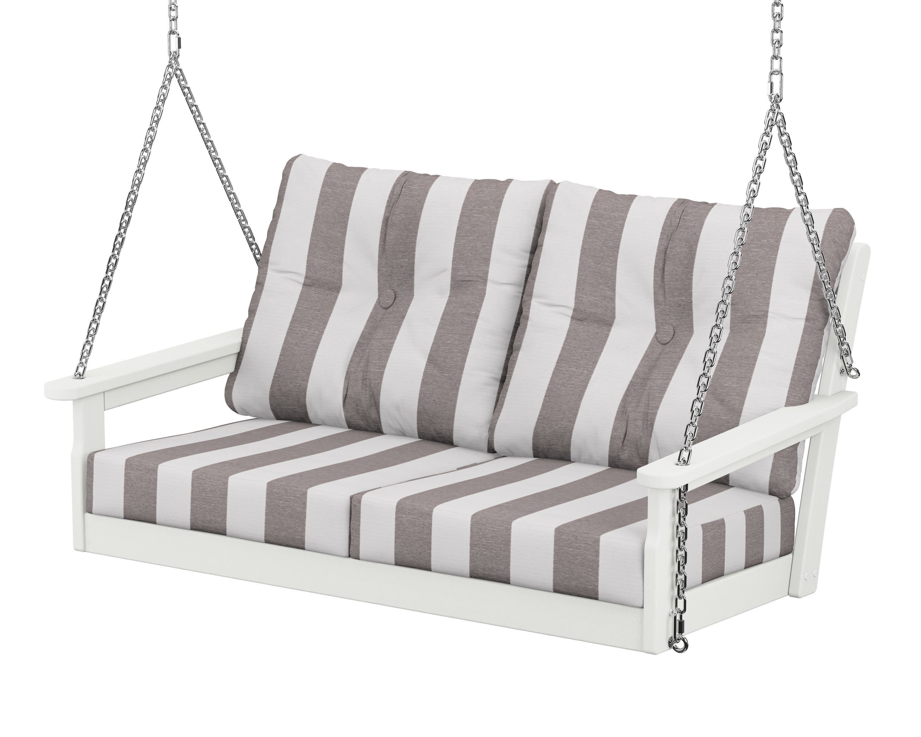 Vineyard Deep Seating Swing in Vintage White / Cabana Stripe Grey Mist