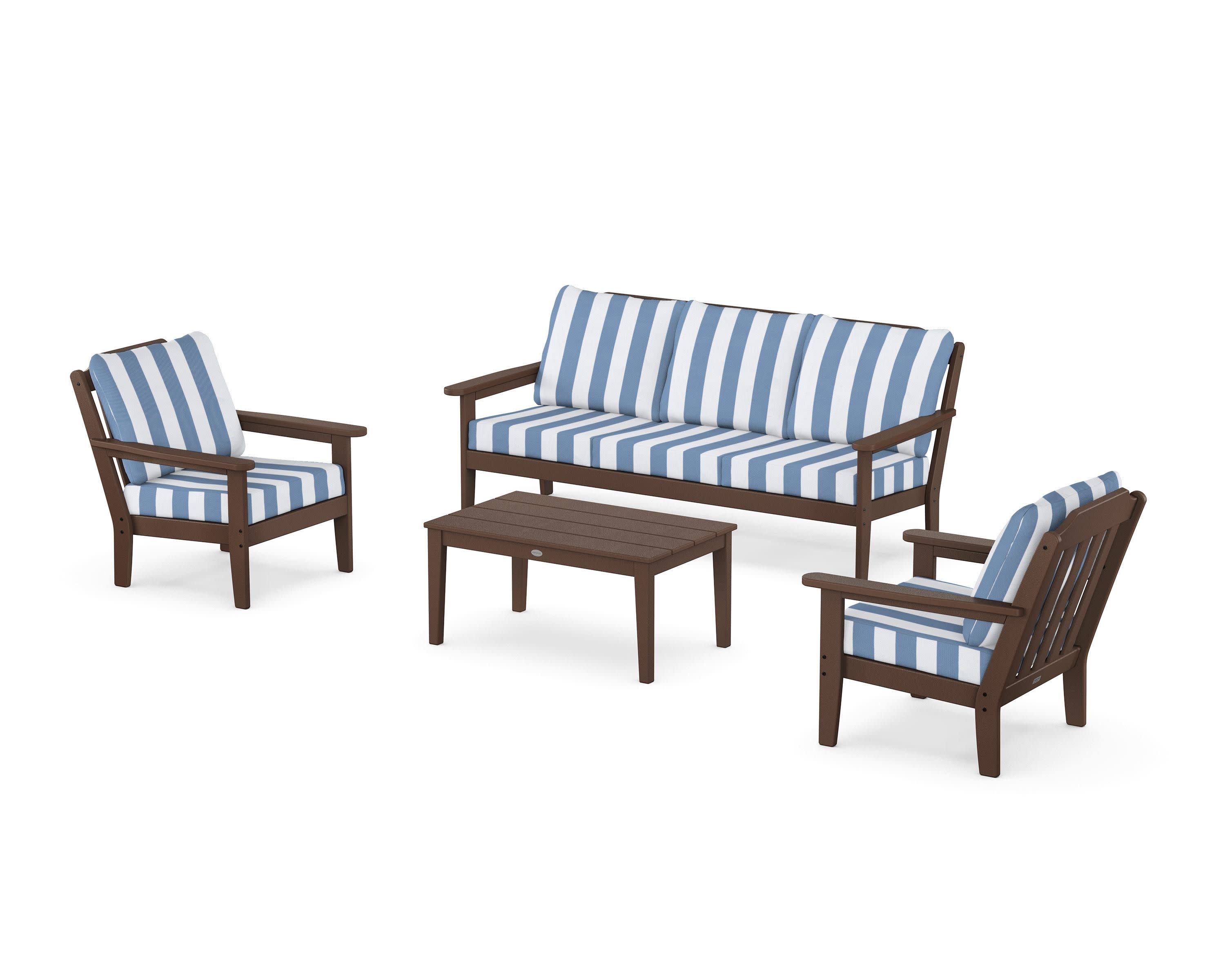 Cottage 4-Piece Deep Seating Set with Sofa in Mahogany / Cabana Stripe Sky Blue