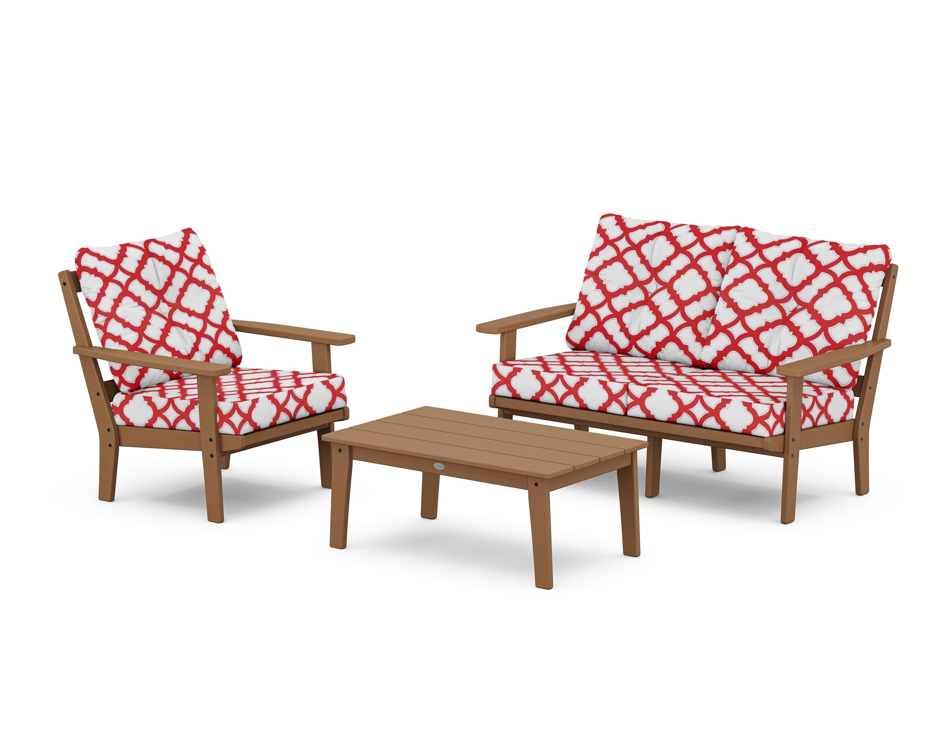 Oxford 3-Piece Deep Seating Set with Loveseat in Teak / Trellis Crimson
