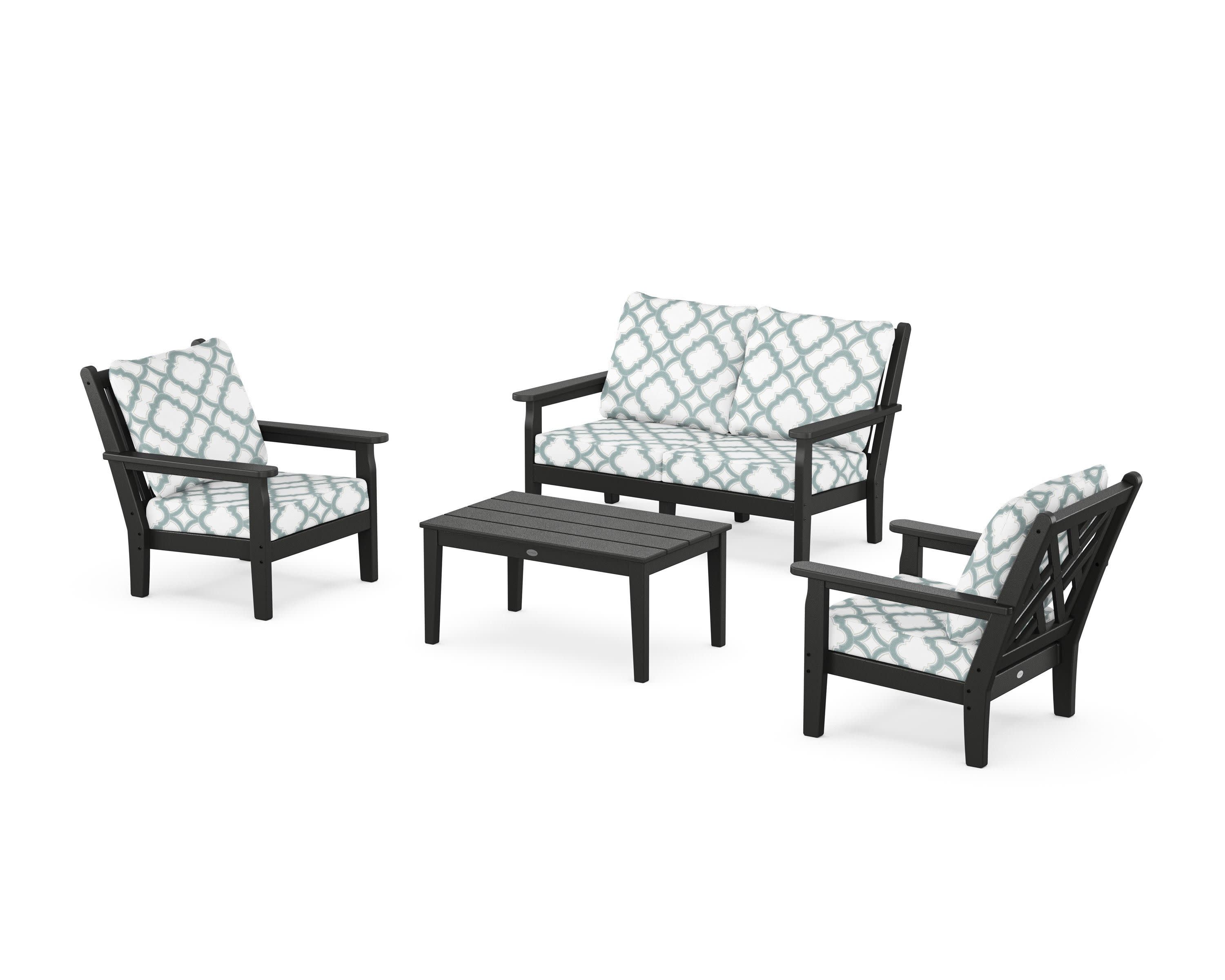 Chippendale 4-Piece Deep Seating Set with Loveseat in Black / Trellis Glacier Spa