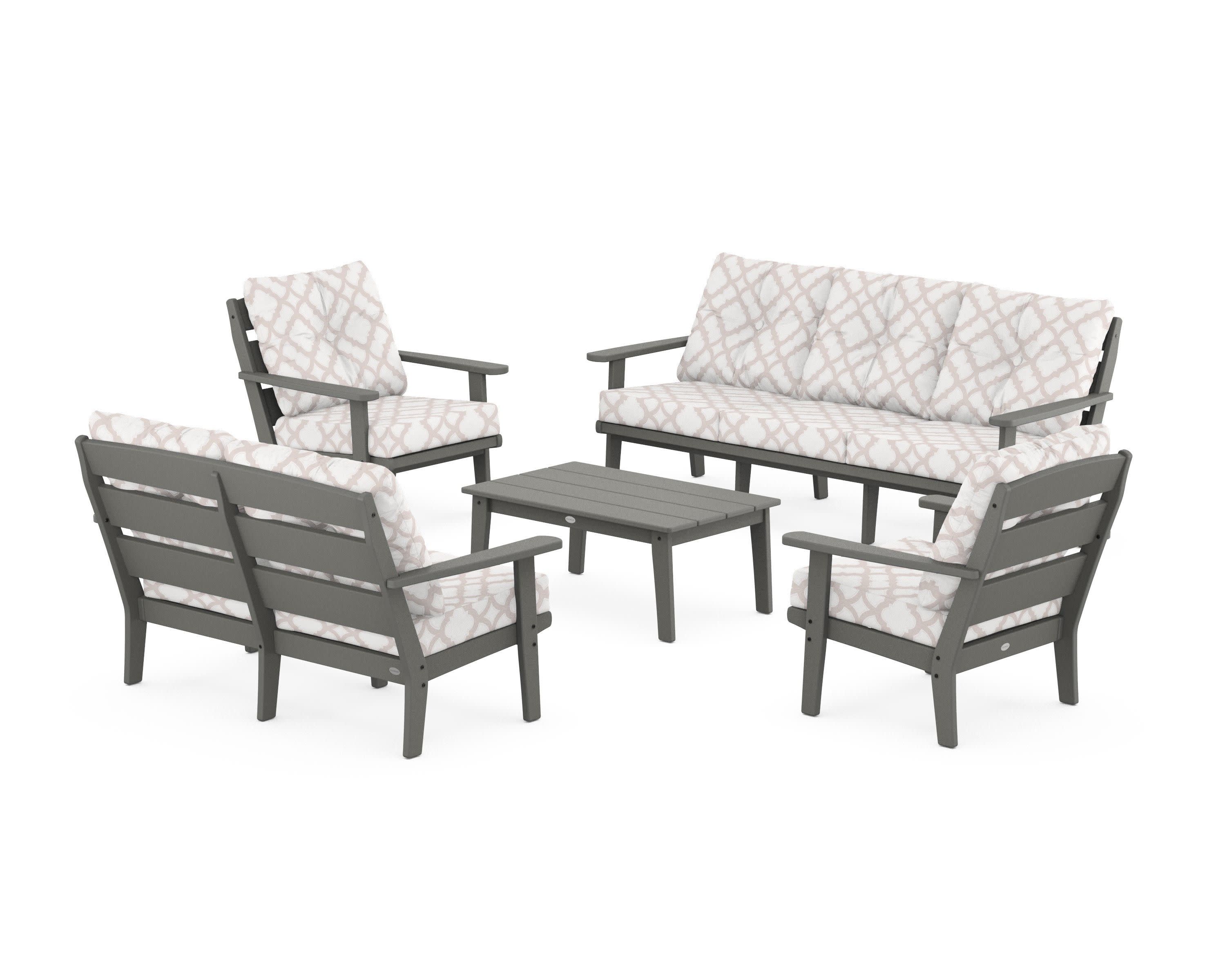 Lakeside 5-Piece Lounge Sofa Set in Slate Grey / Trellis Dune Burlap