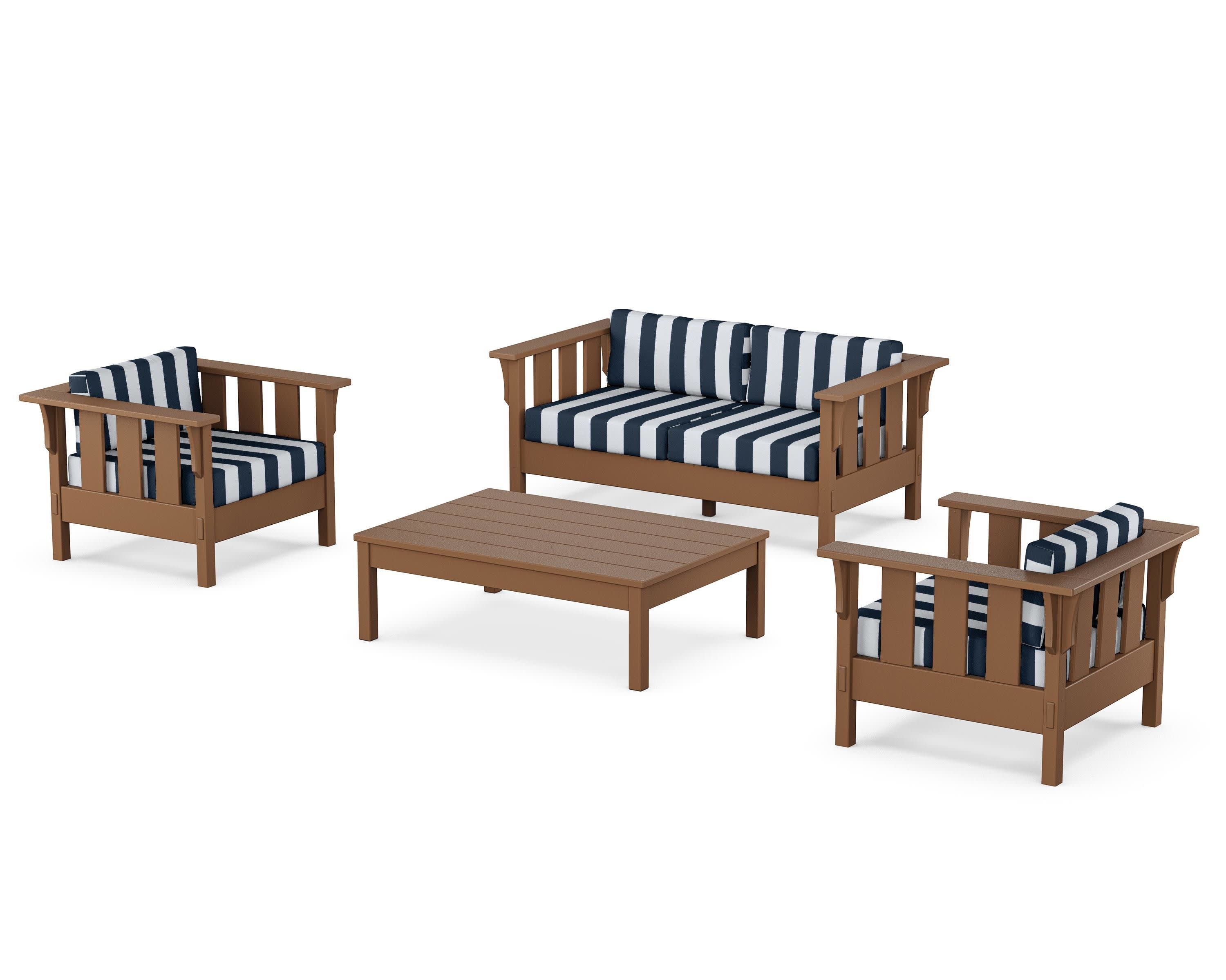 Acadia 4-Piece Deep Seating Set with Loveseat in Teak / Cabana Stripe Marine Indigo