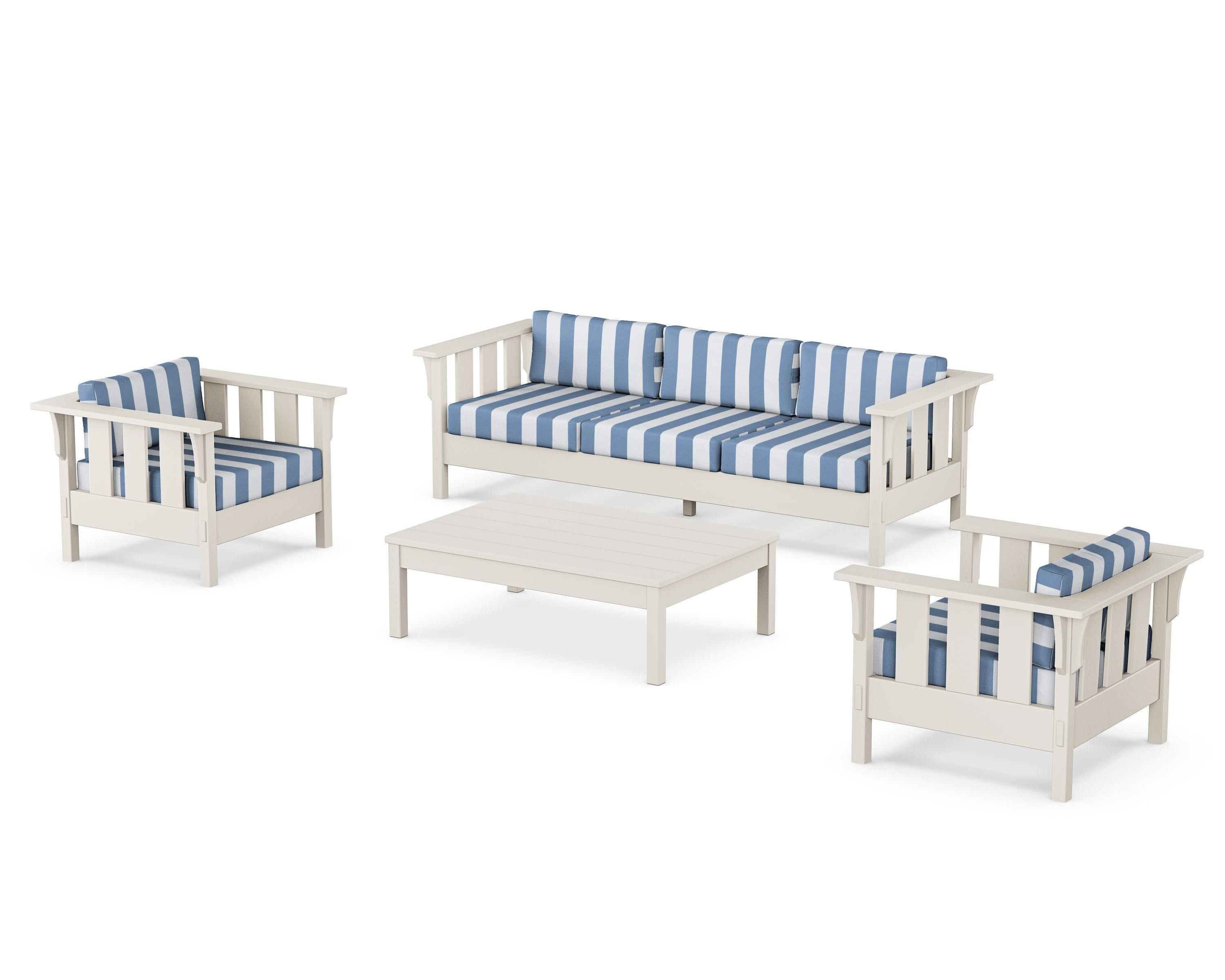 Acadia 4-Piece Deep Seating Set with Sofa in Sand / Cabana Stripe Sky Blue