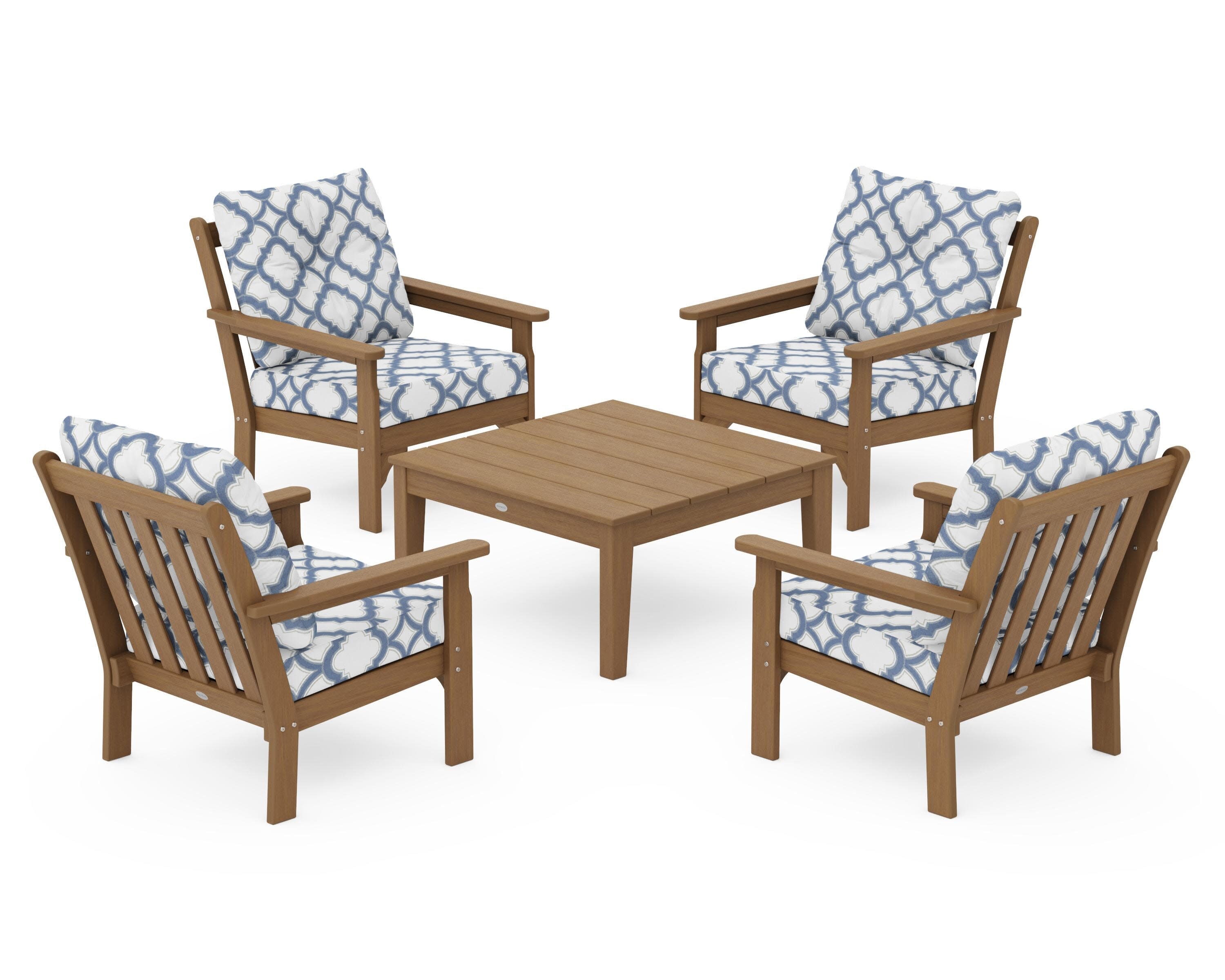 Vineyard 5-Piece Deep Seating Conversation Set in Natural / Trellis Sky Blue