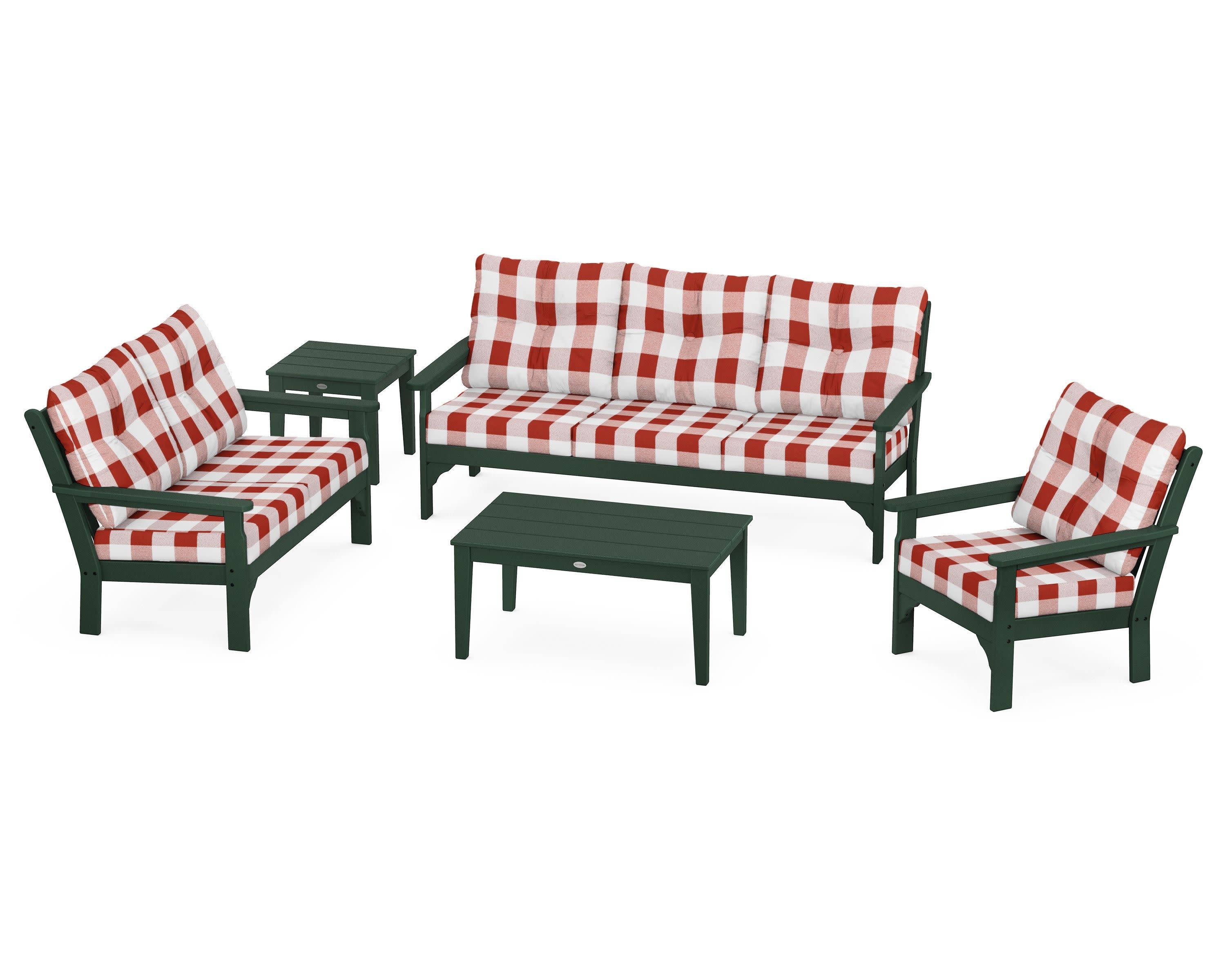 Vineyard 5 Piece Deep Seating Set in Green / Buffalo Plaid Crimson