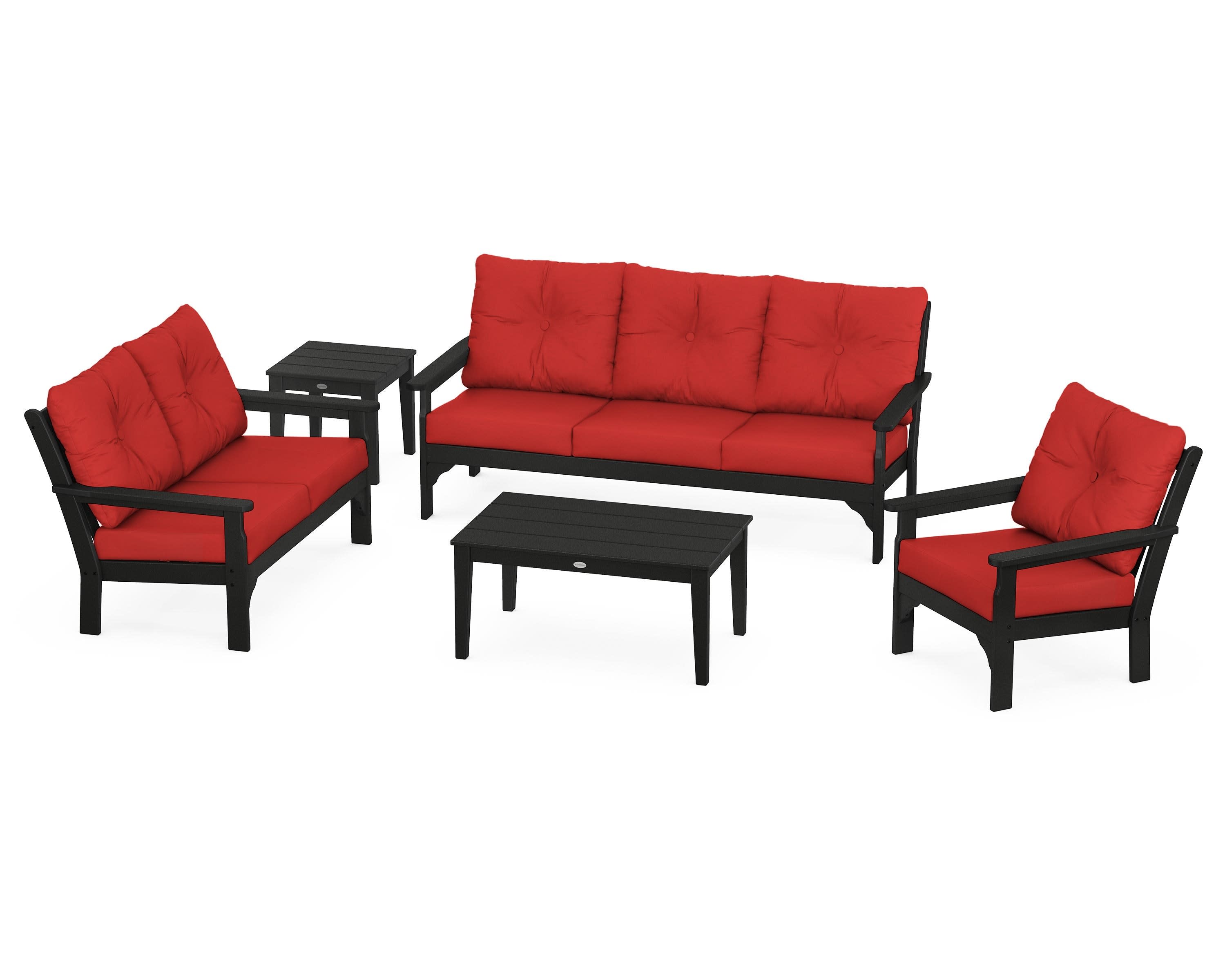 Vineyard 5 Piece Deep Seating Set in Black / Crimson Linen