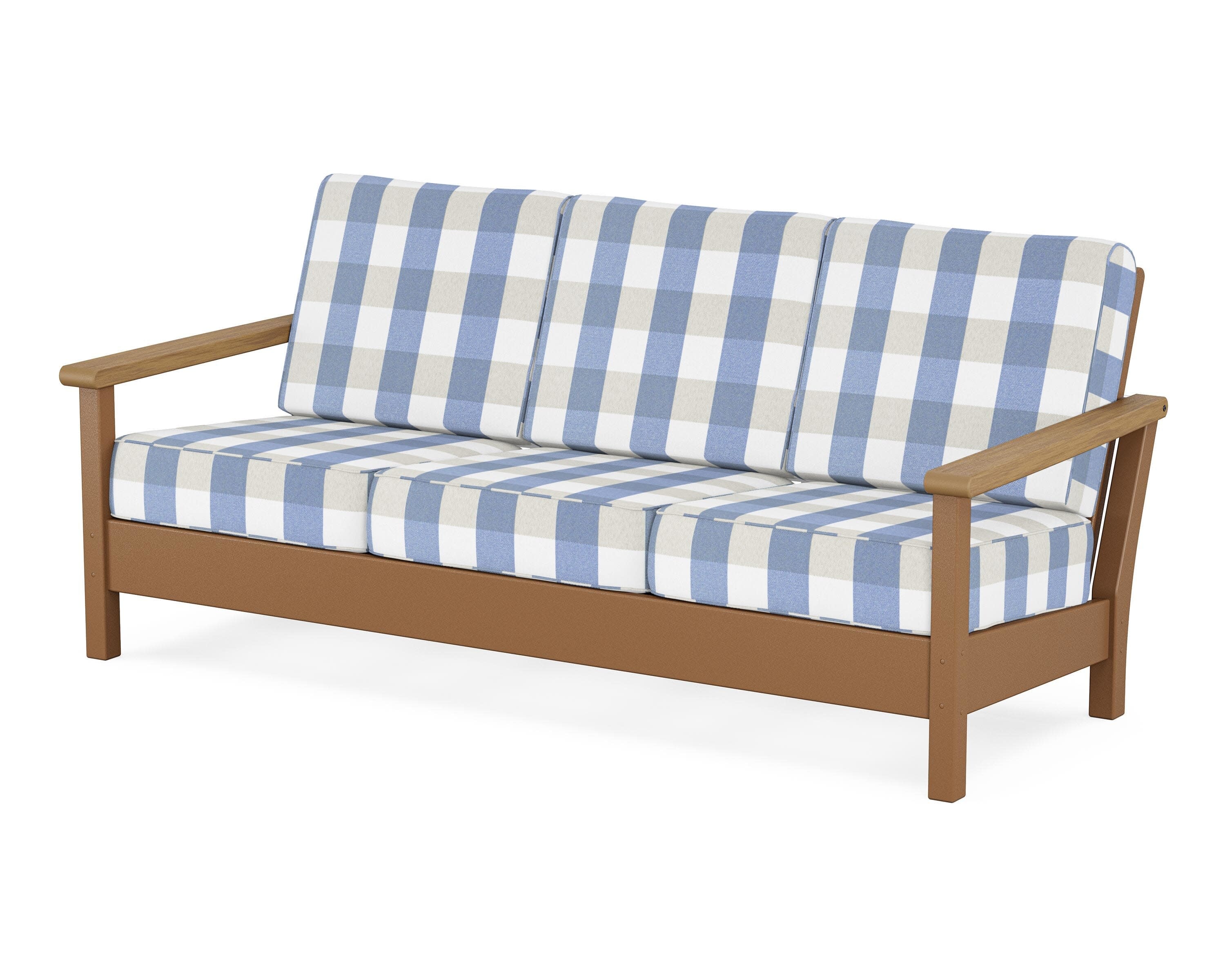 Harbour Deep Seating Sofa in Teak / Natural / Buffalo Plaid Sky Blue