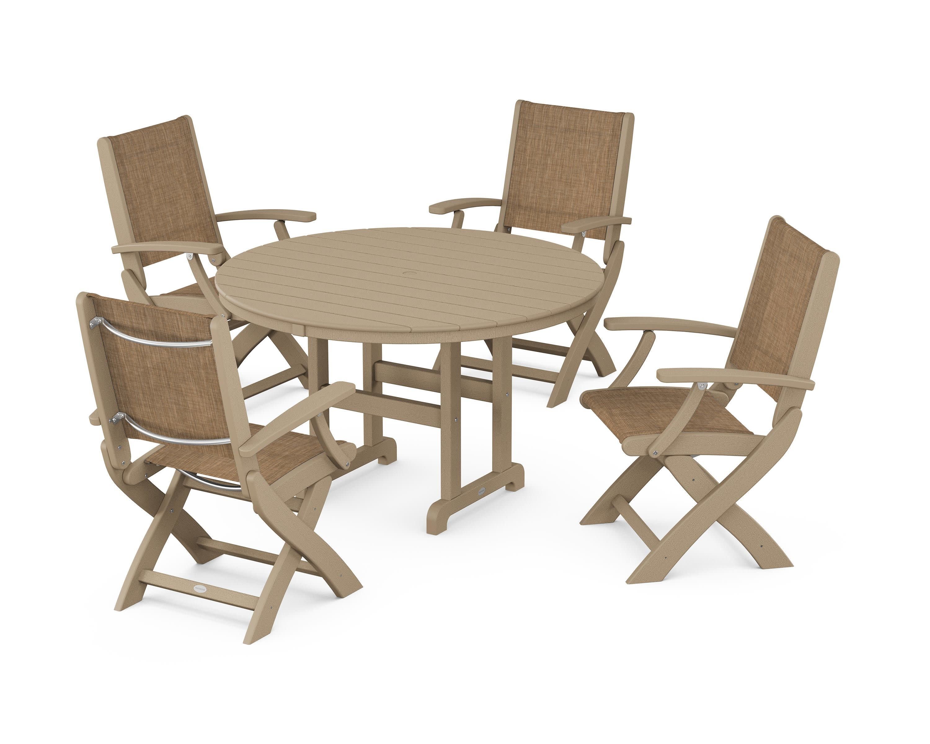 Coastal Folding Chair 5-Piece Round Dining Set in Vintage Sahara / Burlap Sling