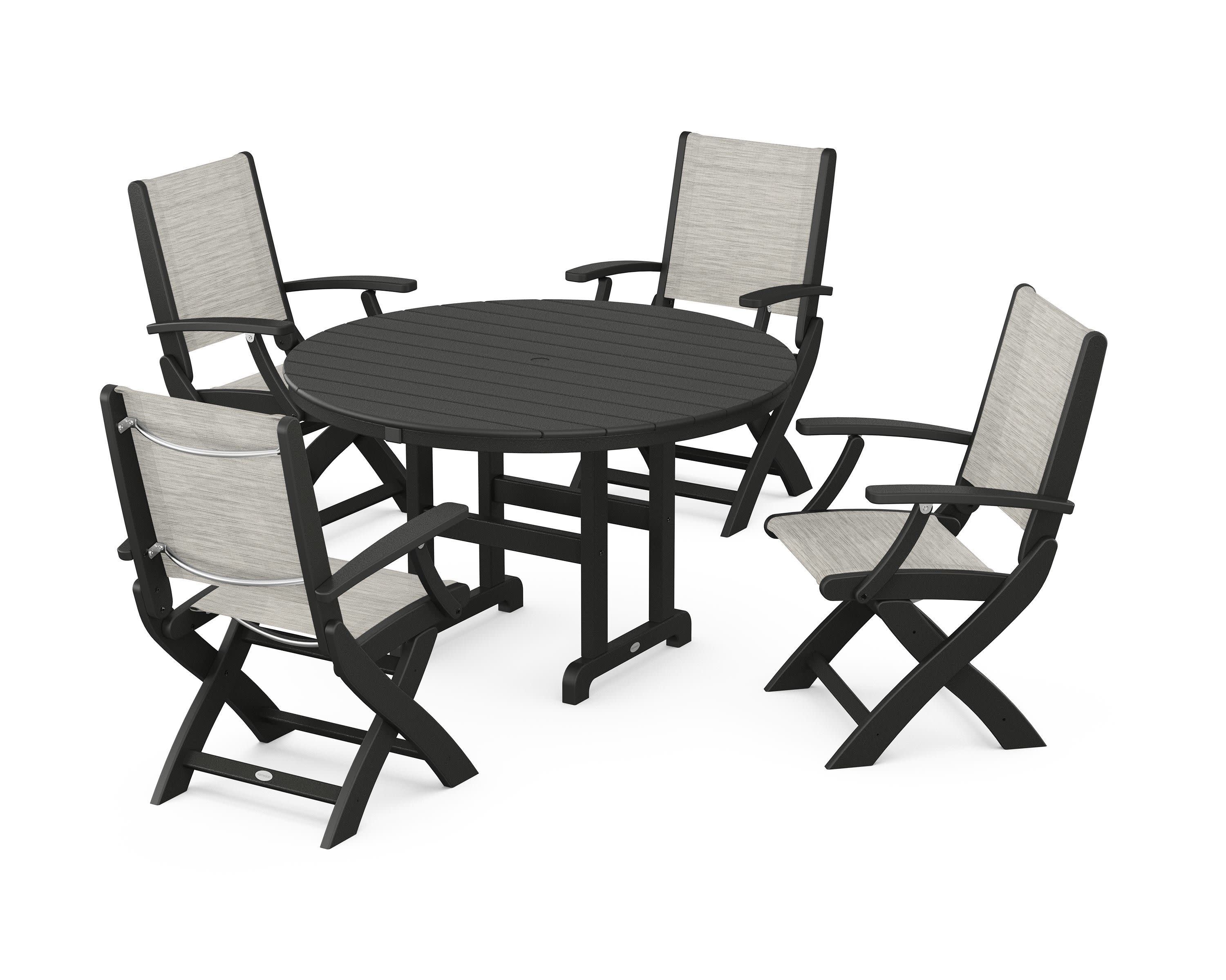 Coastal Folding Chair 5-Piece Round Dining Set in Black / Birch Sling