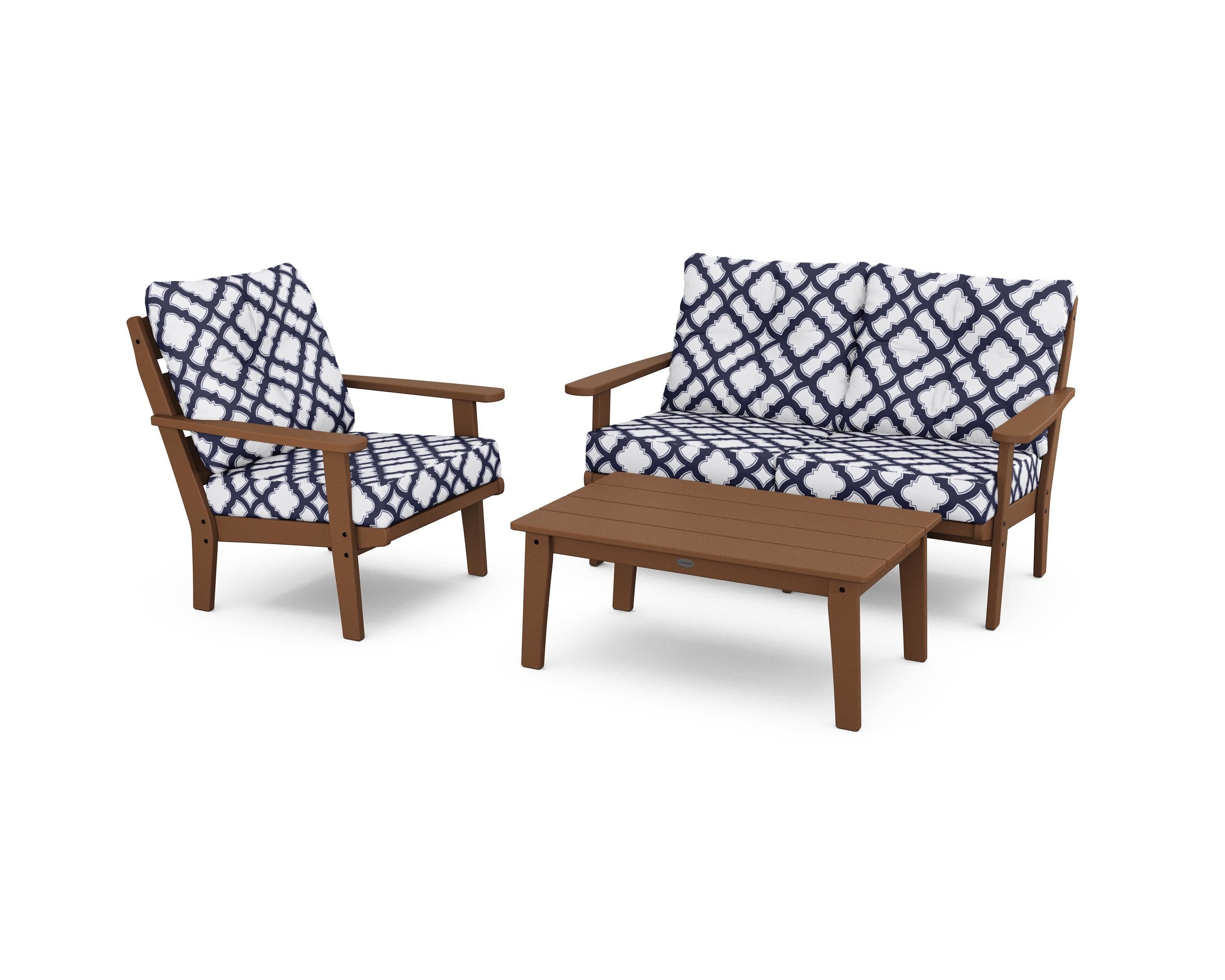 Lakeside 3-Piece Deep Seating Set in Teak / Trellis Navy