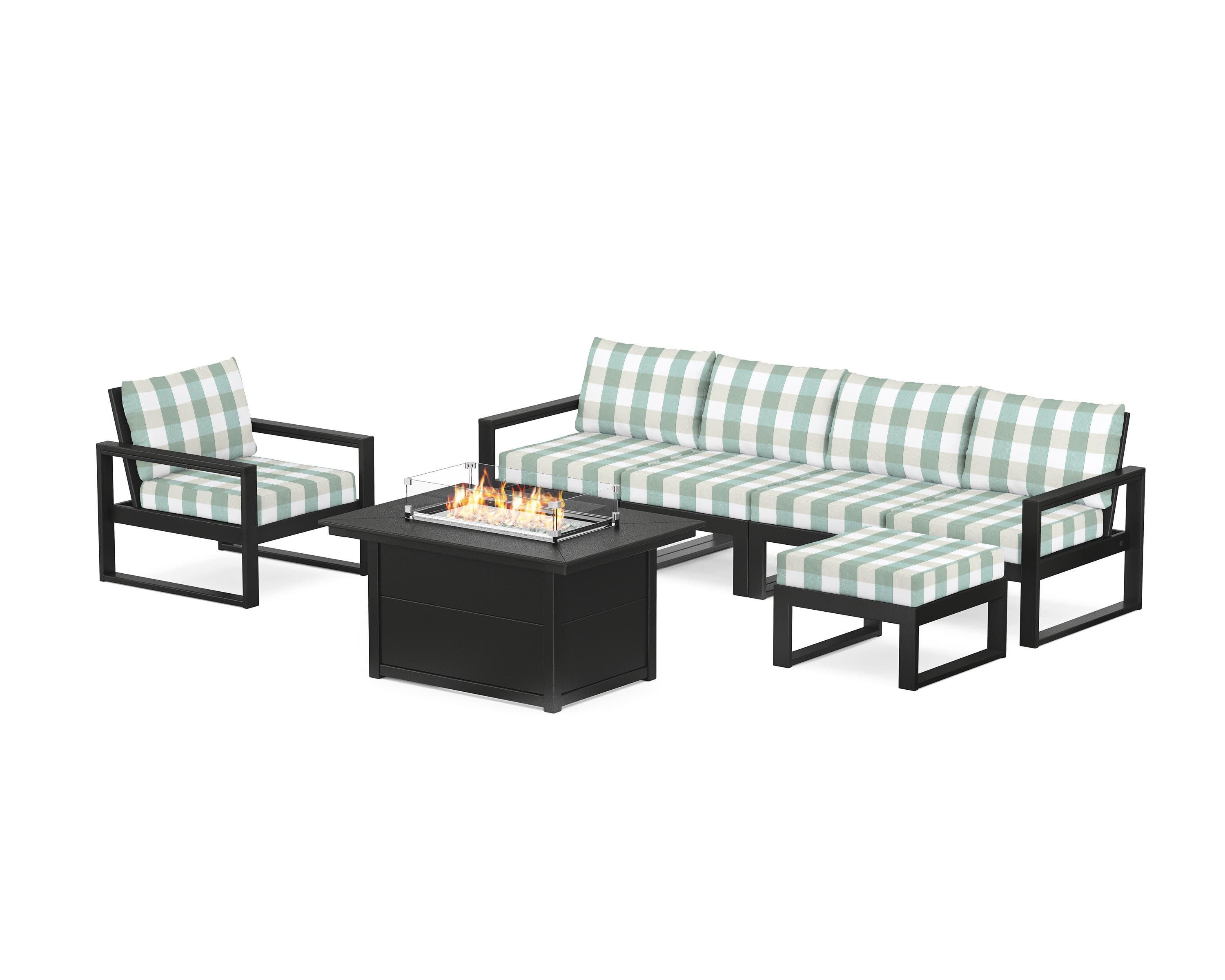EDGE Sectional Lounge and Fire Pit Set in Black / Buffalo Plaid Glacier Spa