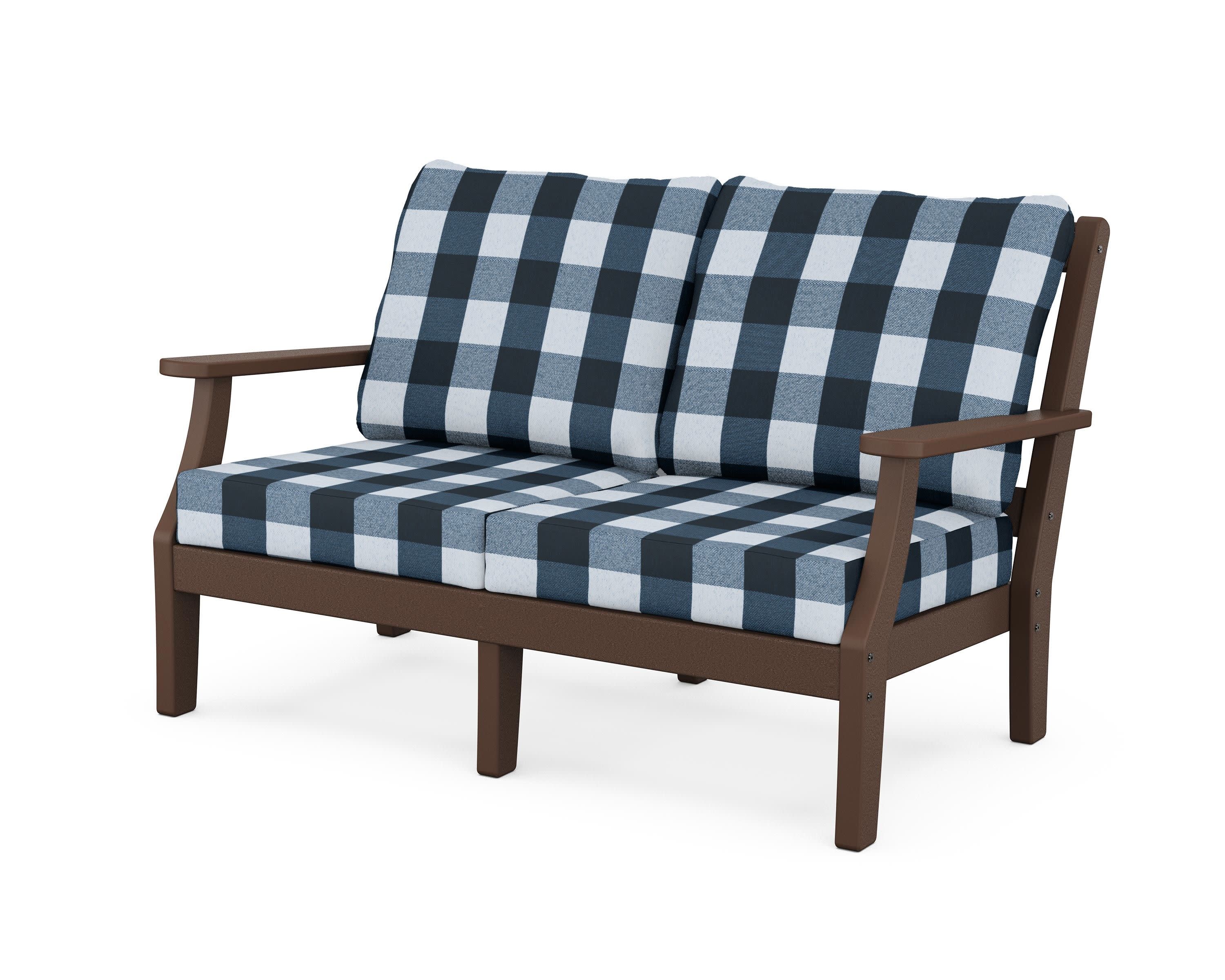 Chinoiserie Deep Seating Loveseat in Mahogany / Buffalo Plaid Marine Indigo