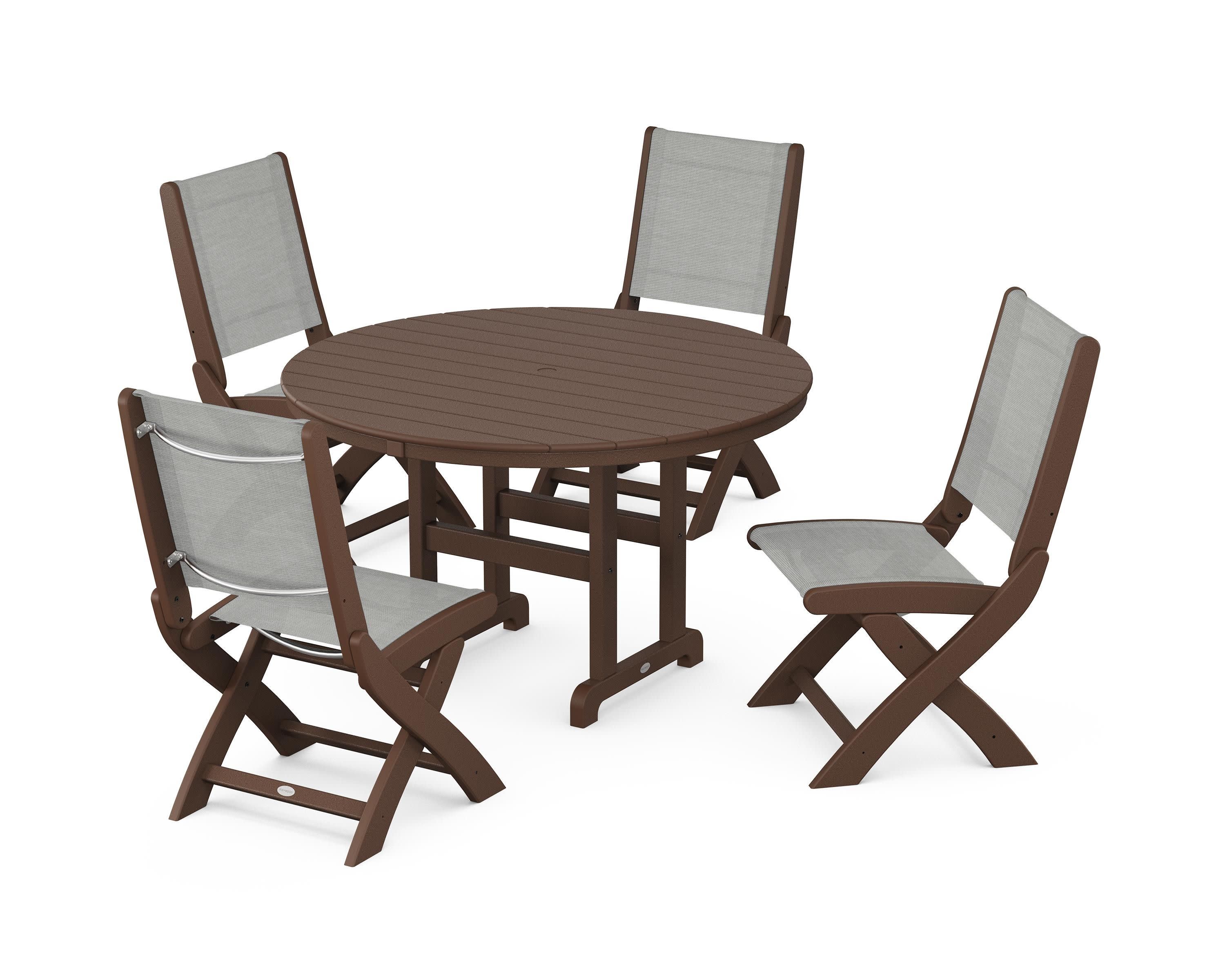 Coastal Folding Side Chair 5-Piece Round Dining Set in Mahogany / Metallic Sling