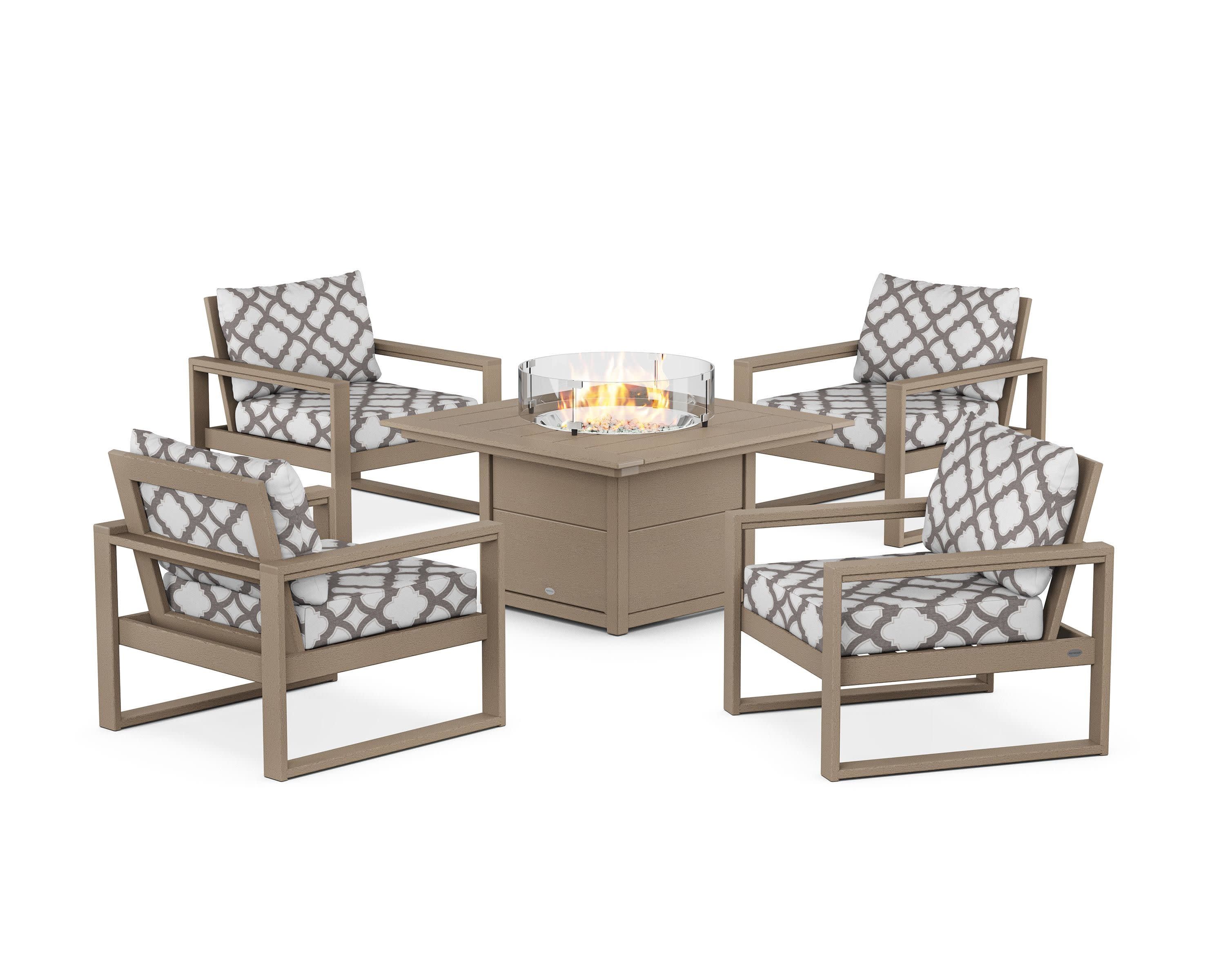 EDGE Sectional 5-Piece Deep Seating Set with Fire Pit Table in Vintage Sahara / Trellis Grey Mist