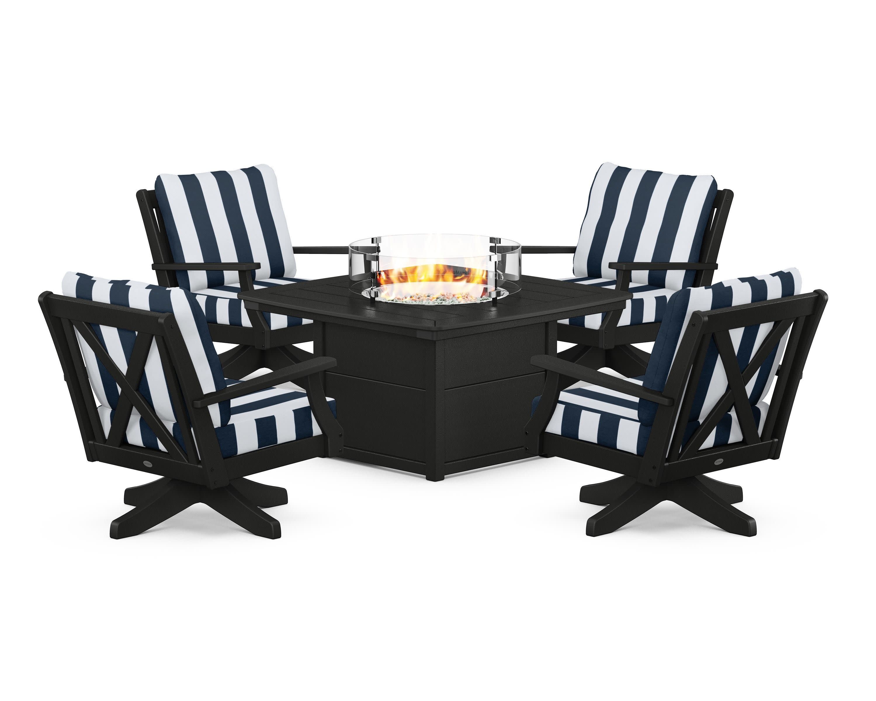 Braxton 5-Piece Deep Seating Swivel Conversation Set with Fire Pit Table in Black / Cabana Stripe Marine Indigo
