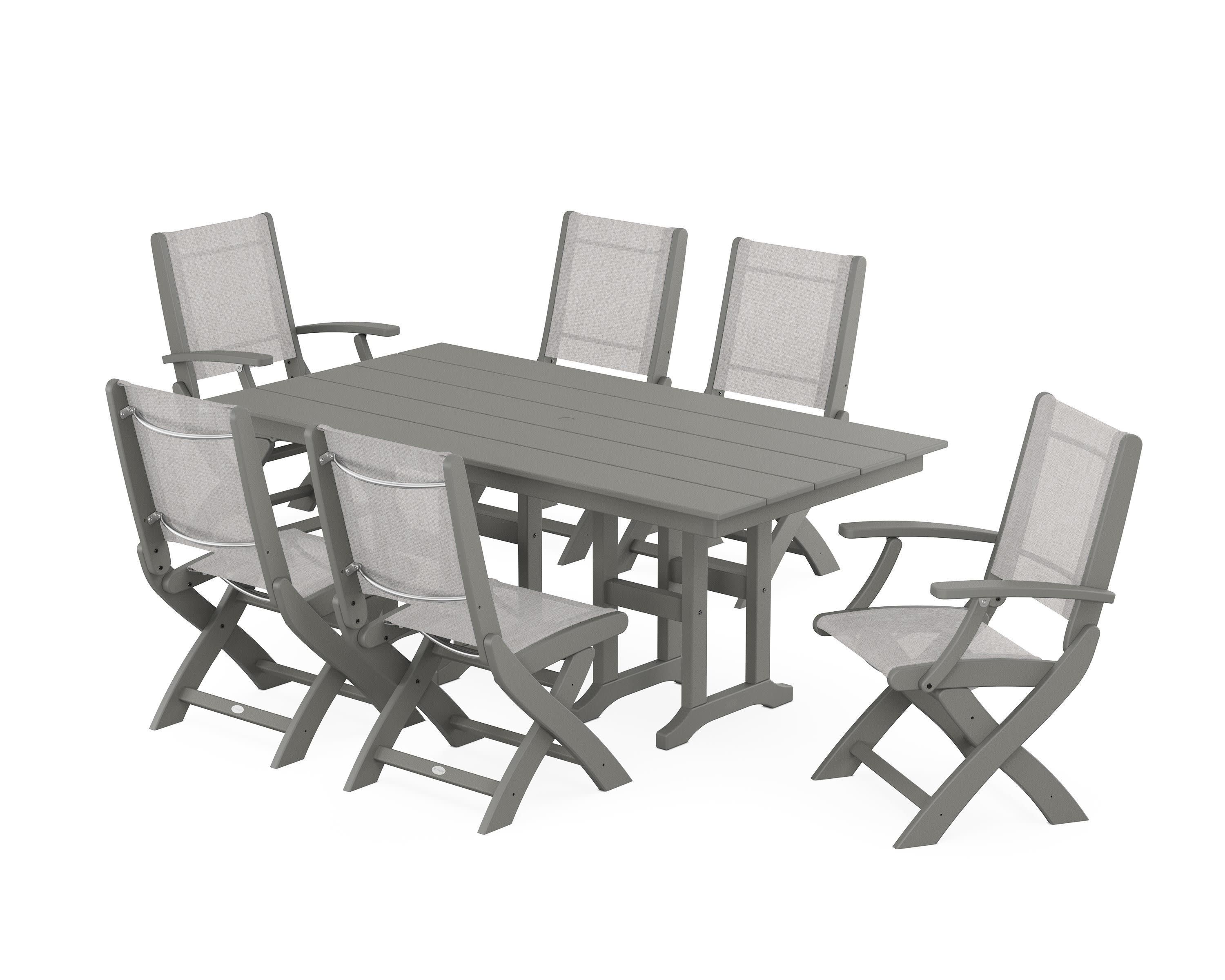 Coastal Folding Chair 7-Piece Farmhouse Dining Set in Slate Grey / Parchment Sling