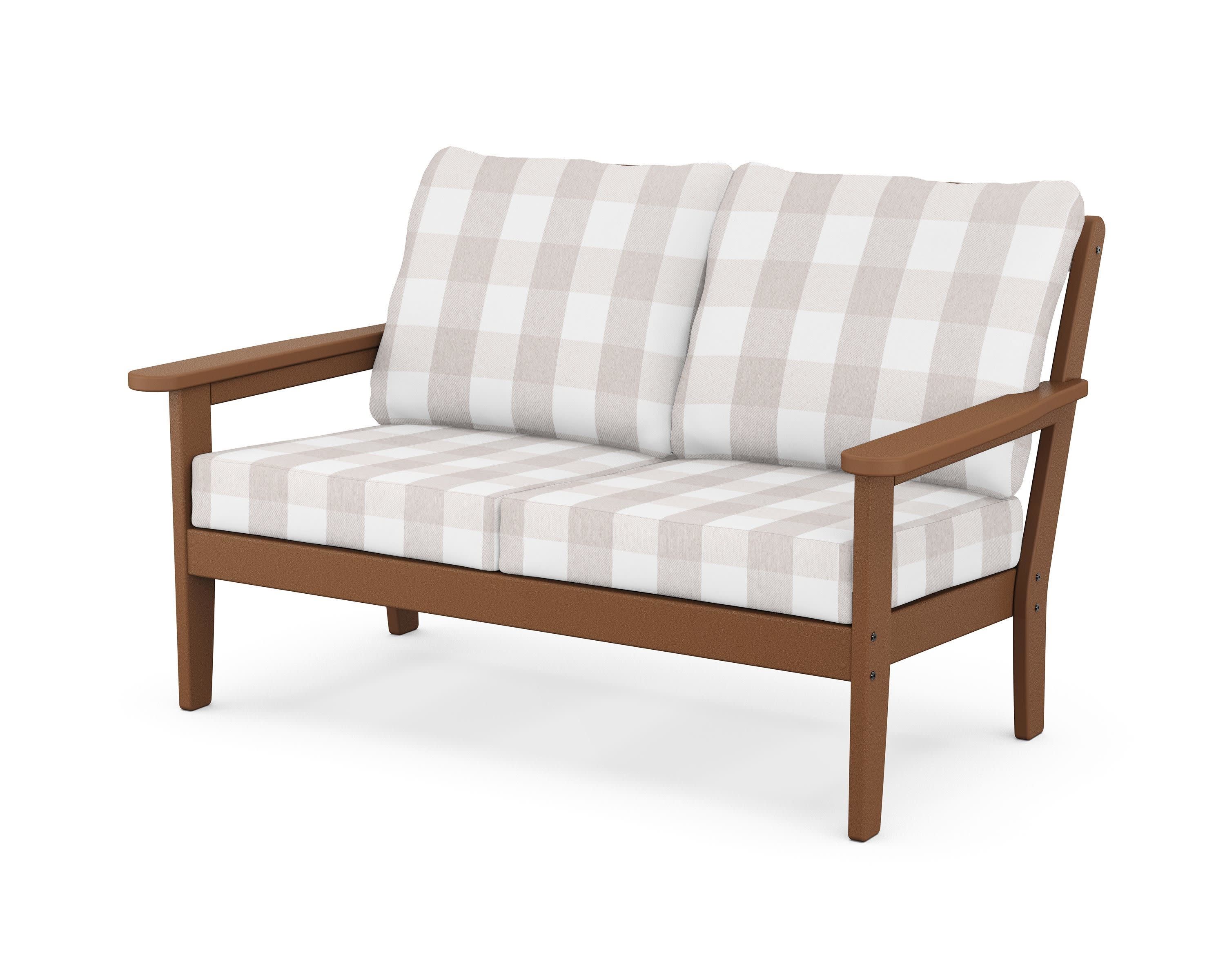 Cottage Deep Seating Loveseat in Teak / Buffalo Plaid Dune Burlap