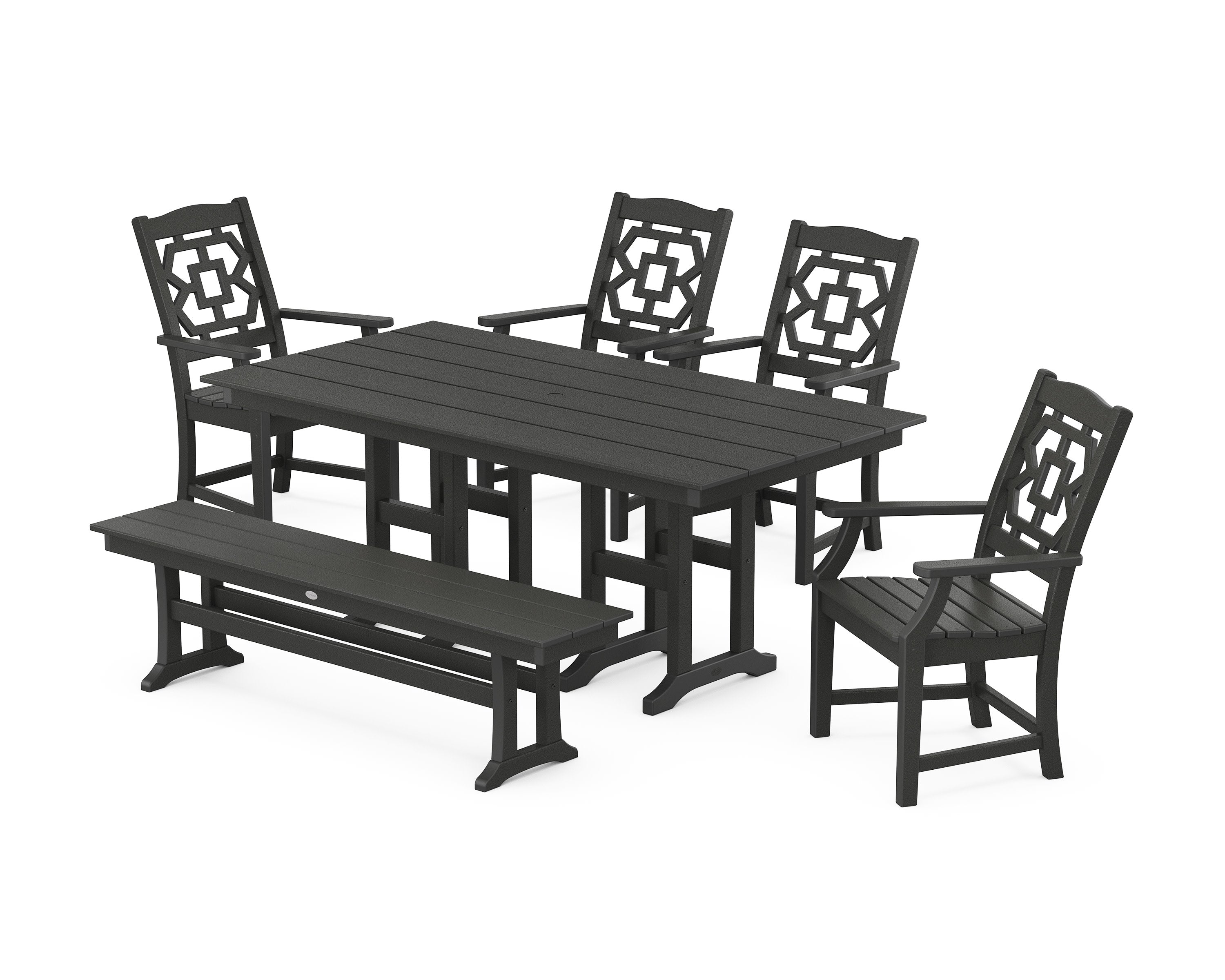 Chinoiserie 6-Piece Farmhouse Dining Set with Bench in Black