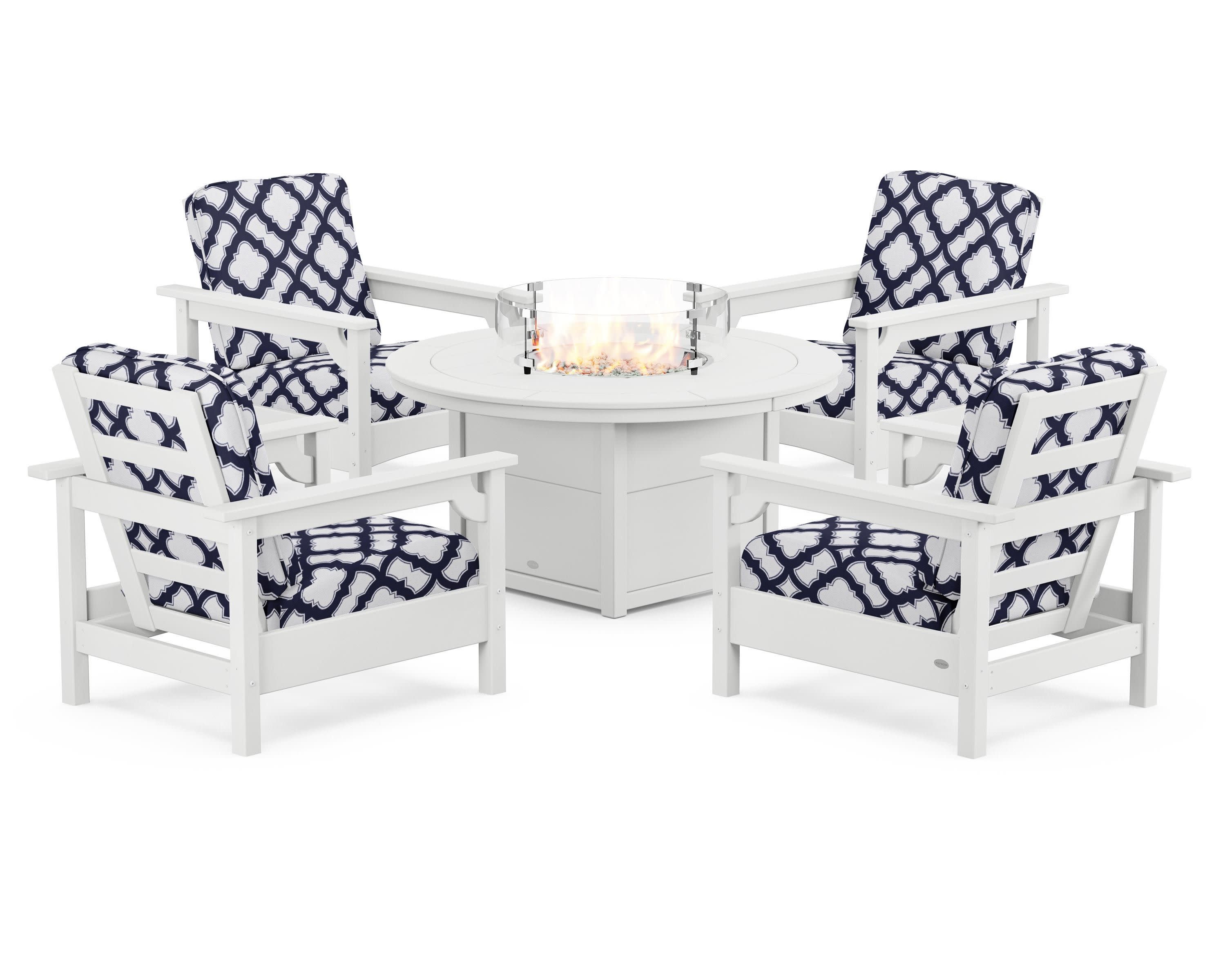 Club 5-Piece Conversation Set with Fire Pit Table in White / Trellis Navy