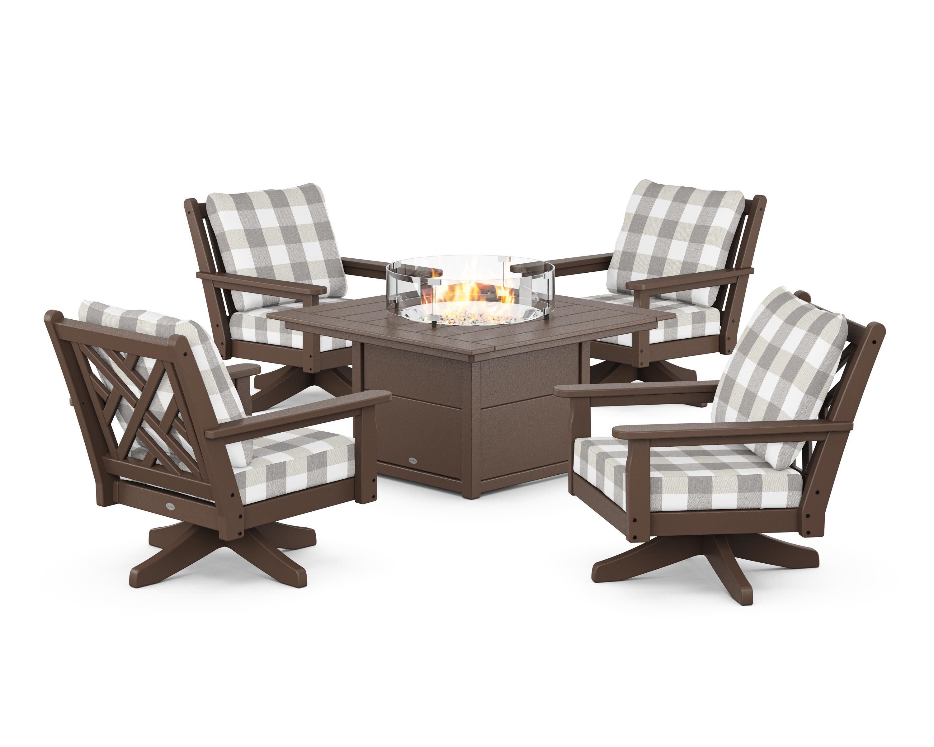 Chippendale 5-Piece Deep Seating Swivel Conversation Set with Fire Pit Table in Mahogany / Buffalo Plaid Grey Mist