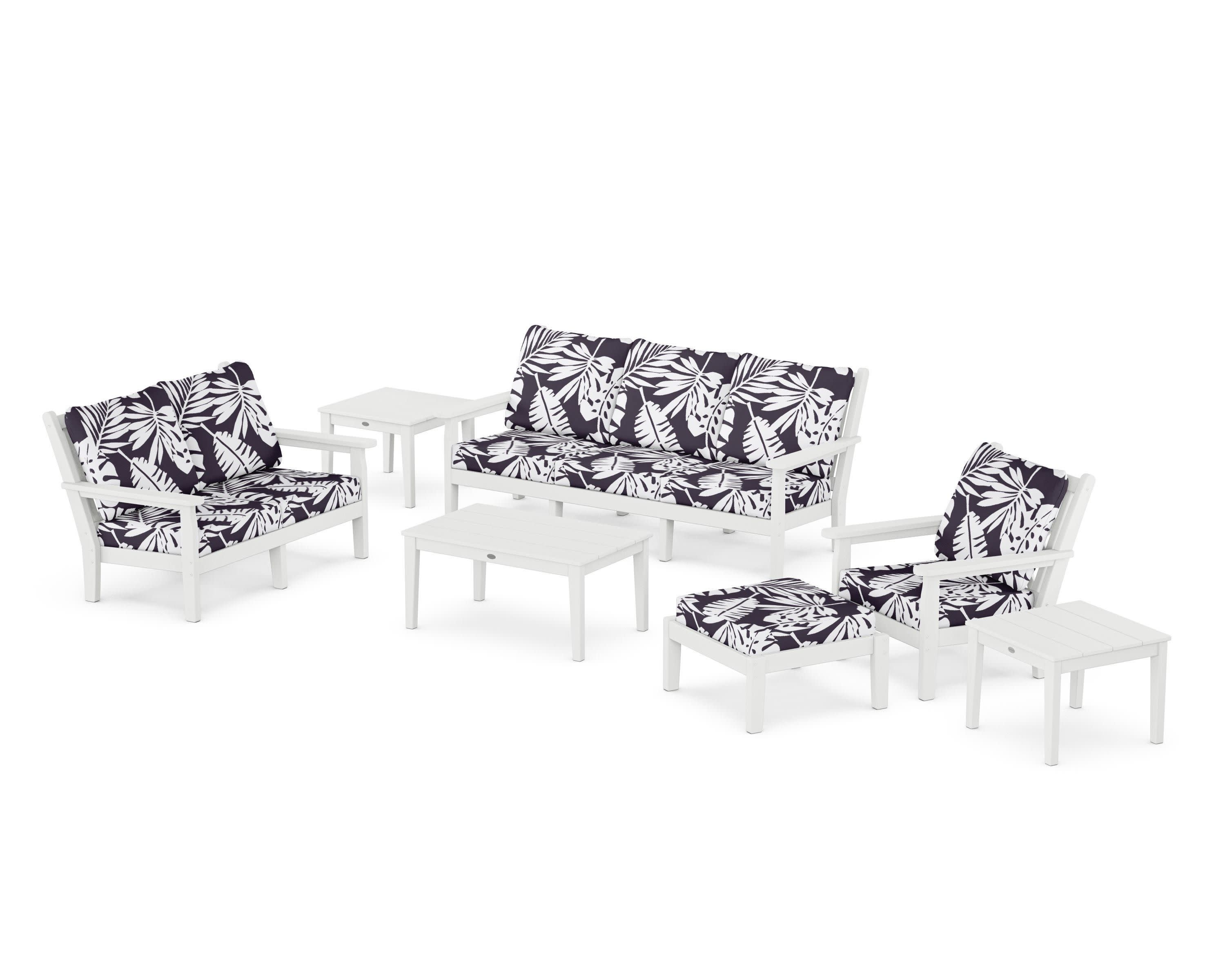 Chippendale 7-Piece Deep Seating Set in White / Leaf Navy